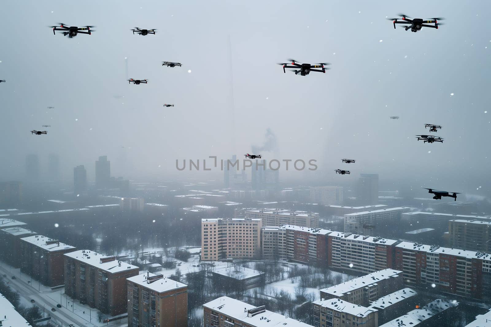 Group of drones over city at winter day or morning. Neural network generated image. Not based on any actual scene or pattern.