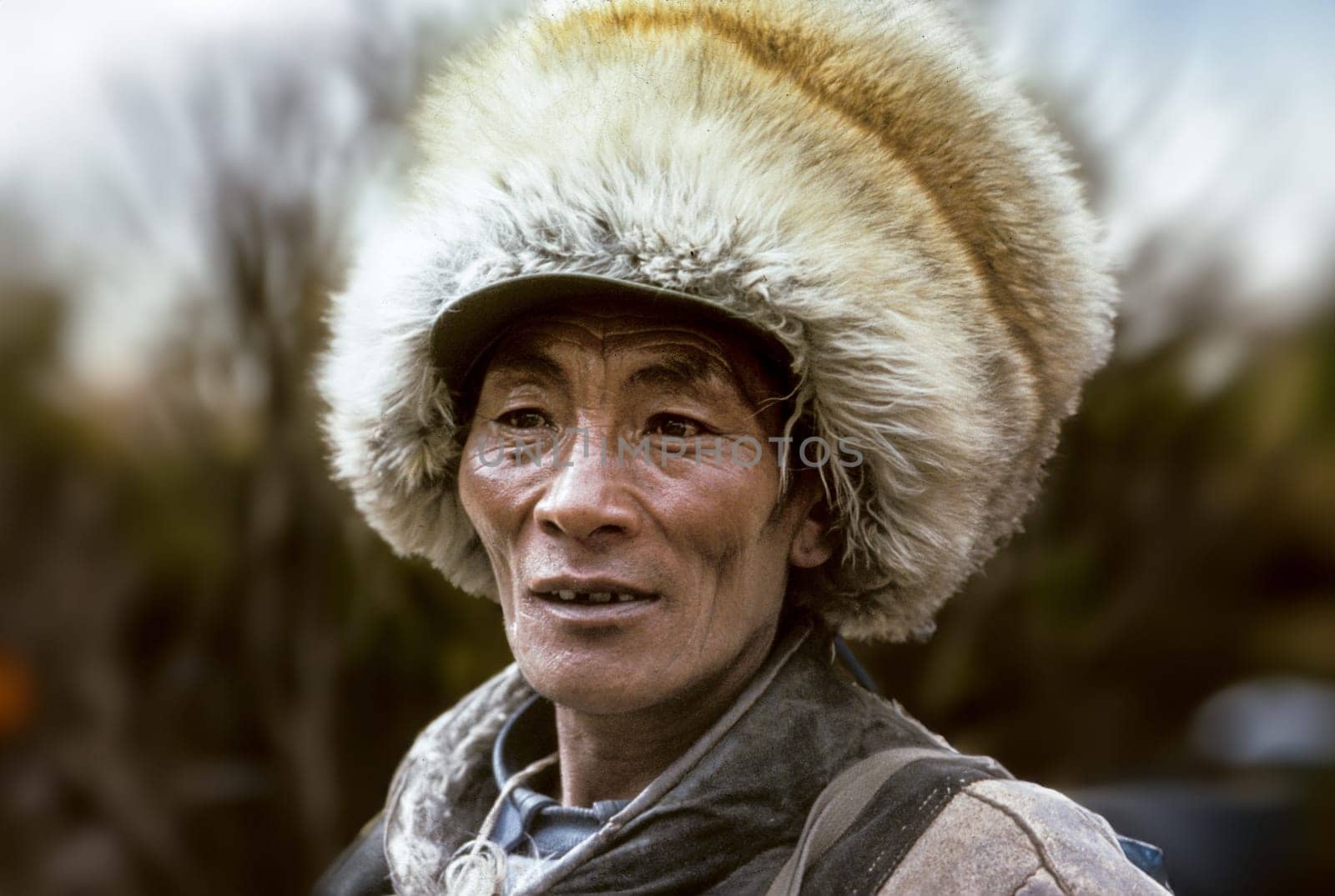 Lhasa, China - April 19, 1987: portrait of local people from the hills  in the old part near the Jokhan palace  in Lhasa, China.