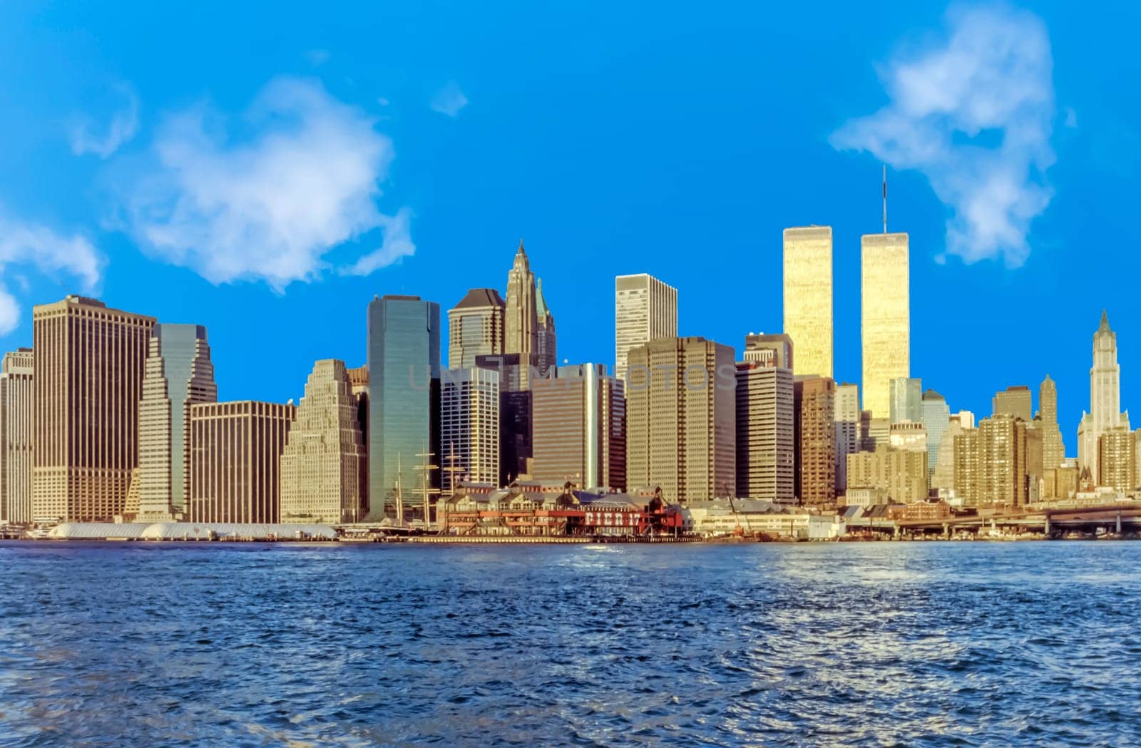 New York, USA - September29, 1996: view to Lower mahattan and  World Trade Center  in New York City, America.  the WTC was destroyed by 911 from terrorists.