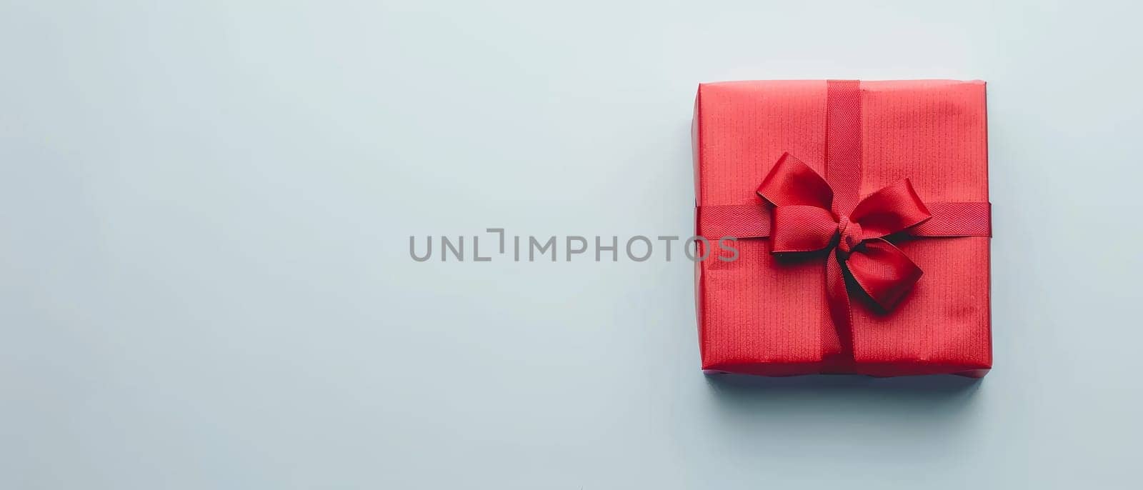 A minimalist red gift box with a neatly tied bow stands out on a pristine white background, symbolizing elegance and thoughtful giving. Its crisp presentation suggests a modern twist to gift-giving