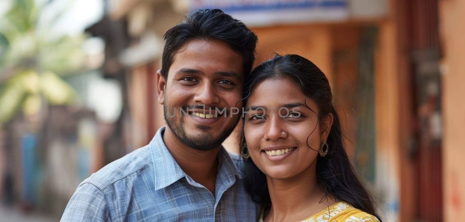 A casual couple shares a happy moment on a city street, their relaxed demeanors complemented by traditional Indian elements in their attire