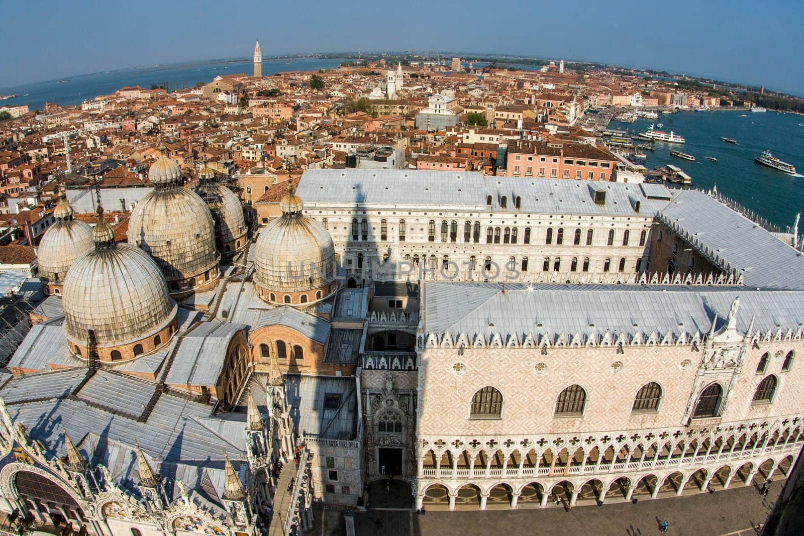 Venice, Italy - April 11, 2007: overlooking the beautiful city and old palaces  of venice with the laguna from the Markus tower, Venice