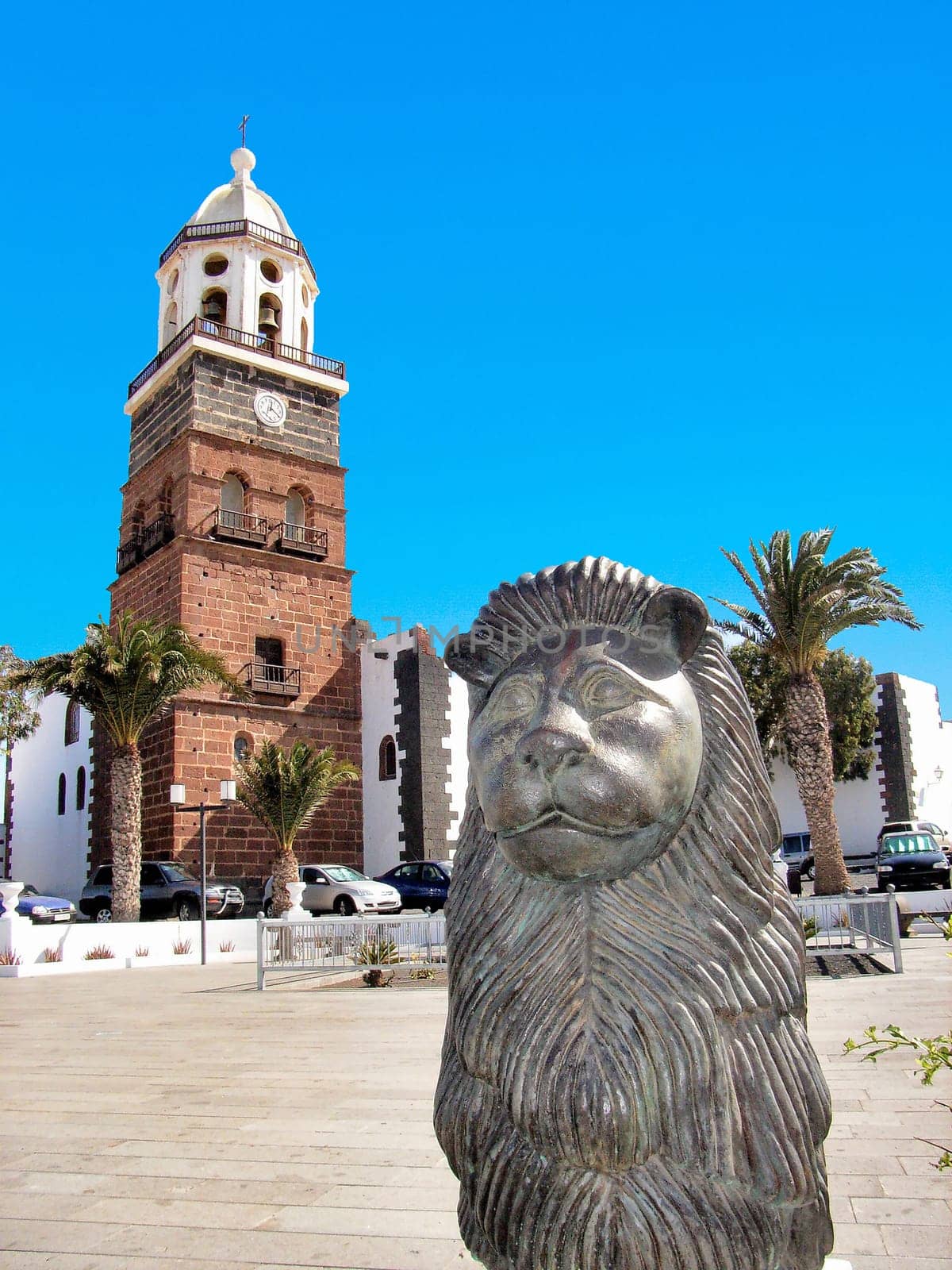 Teguise, Spain - October 25, 2007: clocktower and lion at central market square in Teguise, Lanzarote, Spain
