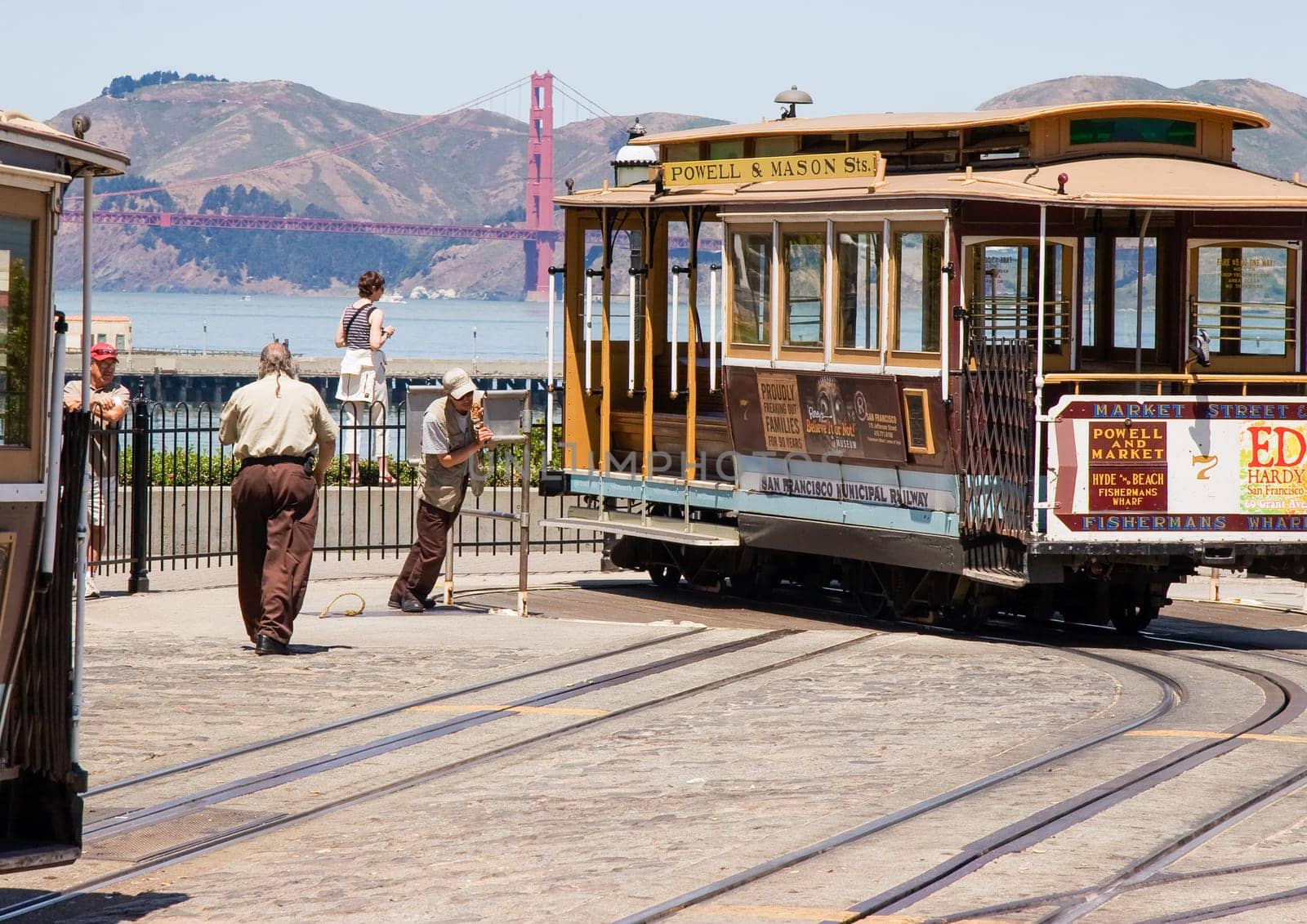 San Francisco, USA - June 20, 2008: conductor turns the cable car at the movable platform that the cable car is ready for next turn in San Francisco.