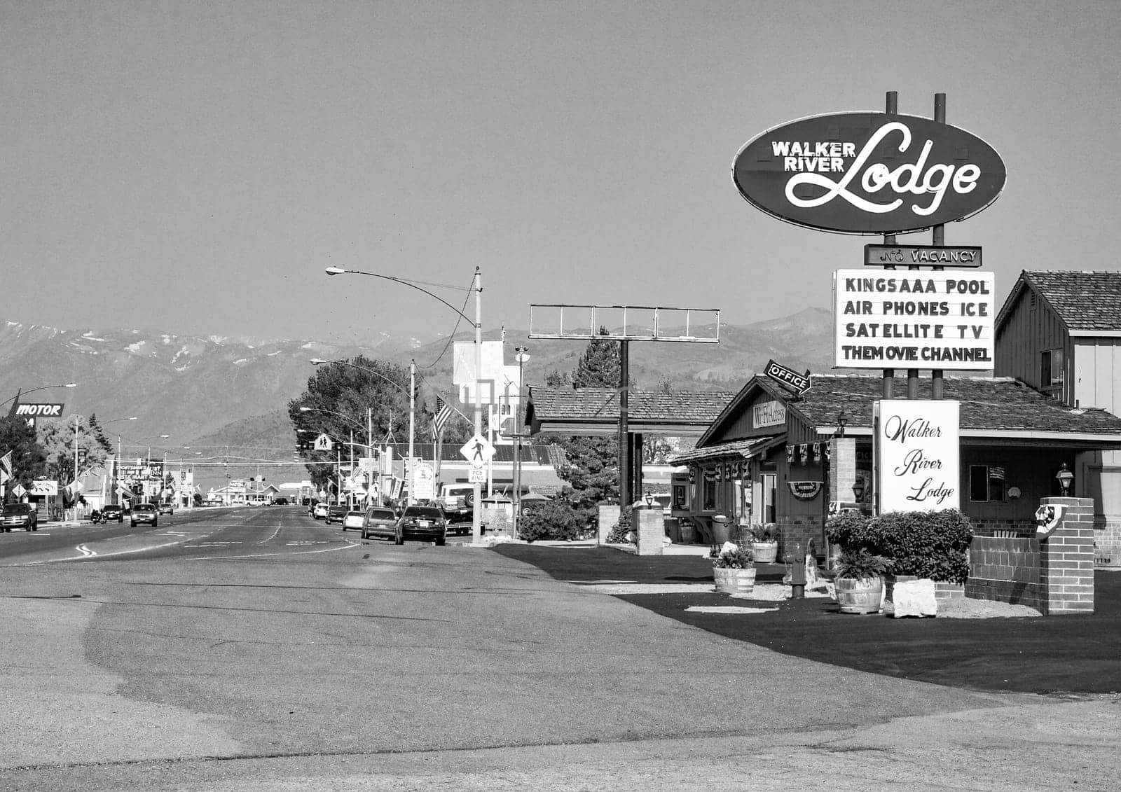 Bridgeport, USA - June 27, 2008: view to Walker river lodge in Bridgeport in late afternoon with mai nroad i scenic light.