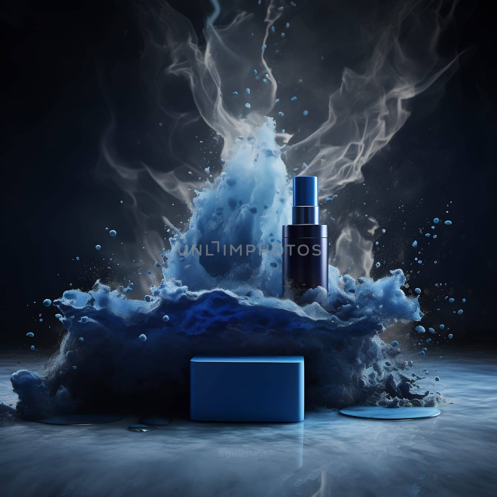 Moody beauty packaging with blue smoke swirling in a dark, mysterious atmosphere