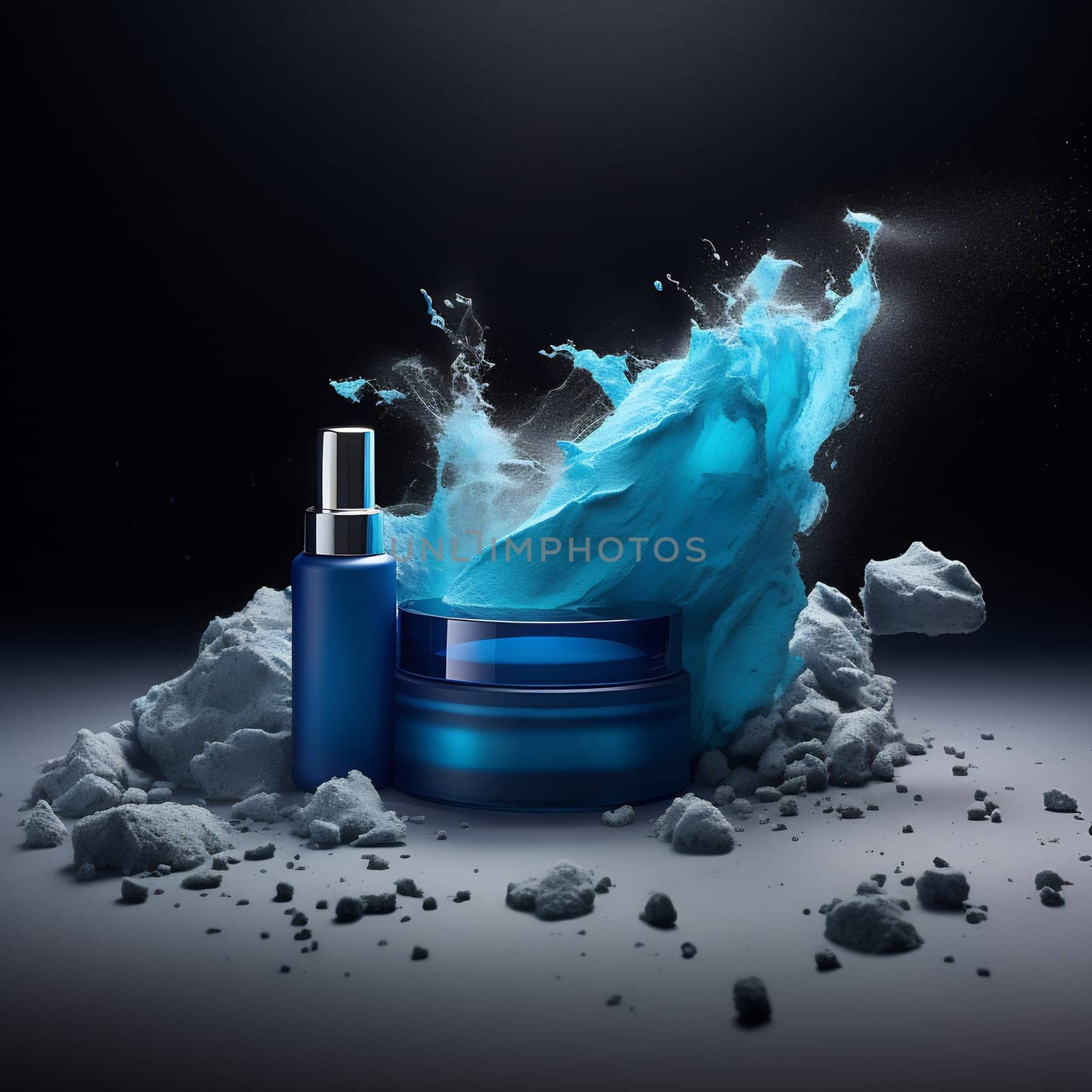 Moody beauty packaging with blue smoke swirling in a dark, mysterious atmosphere