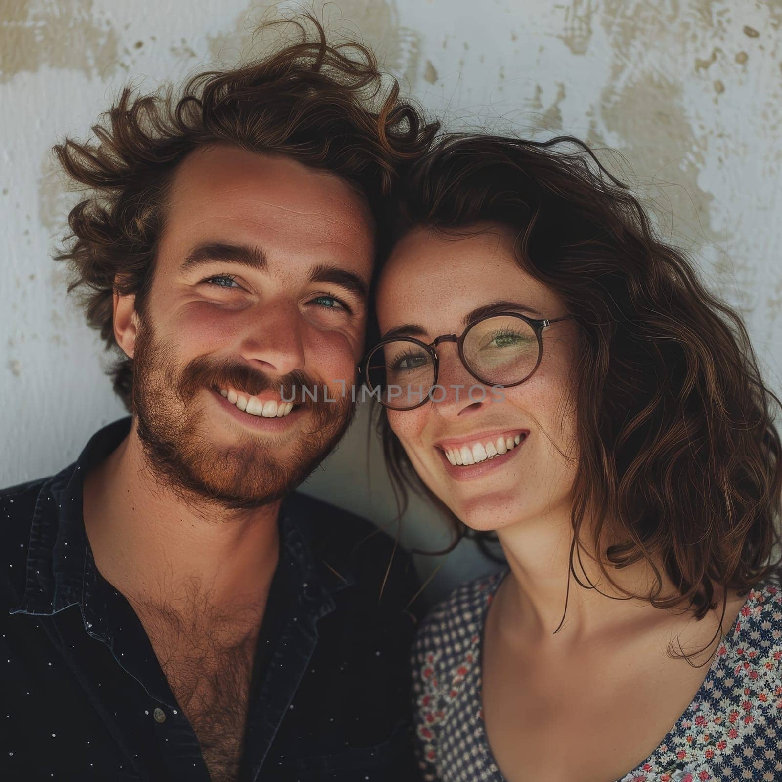 A casual yet fashionable French couple embraces in a soft-lit room, sharing a connection that's both relaxed and intimate