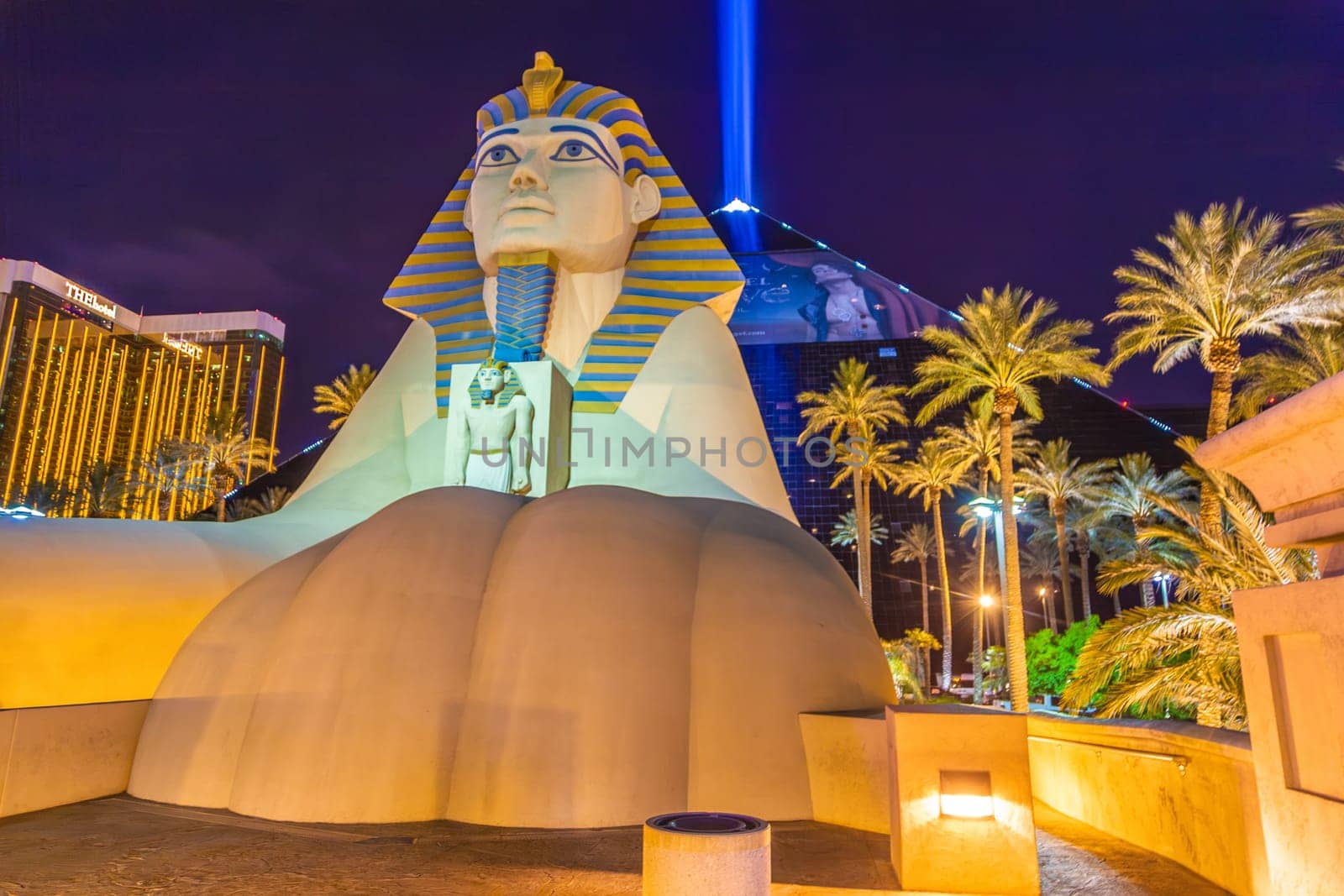 Las Vegas, USA - July 17, 2008:  Hotel Luxor with sphinx and gambling place on the Las Vegas Strip in the late afternoon in neon light in Las Vegas, USA.