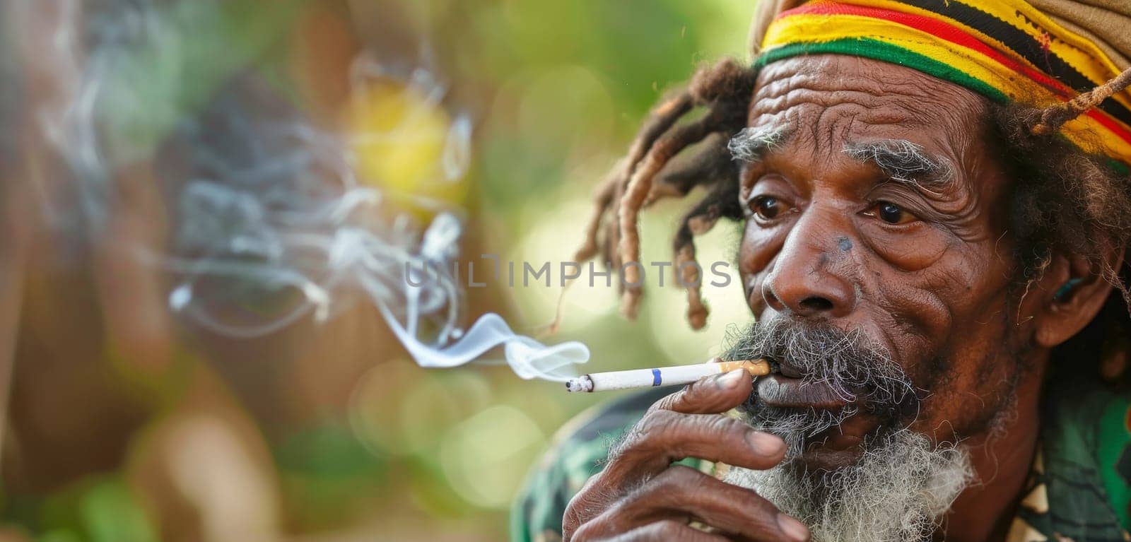 The serene gaze of a Rastafarian elder, his smoke curling into the air as he sits enveloped by the tranquility of nature
