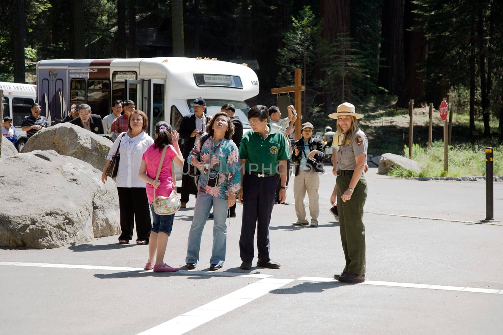 Giant Village, USA - July 21, 2008: ranger guides a group of tourists inside the sequoia tree national park and gives explanations.