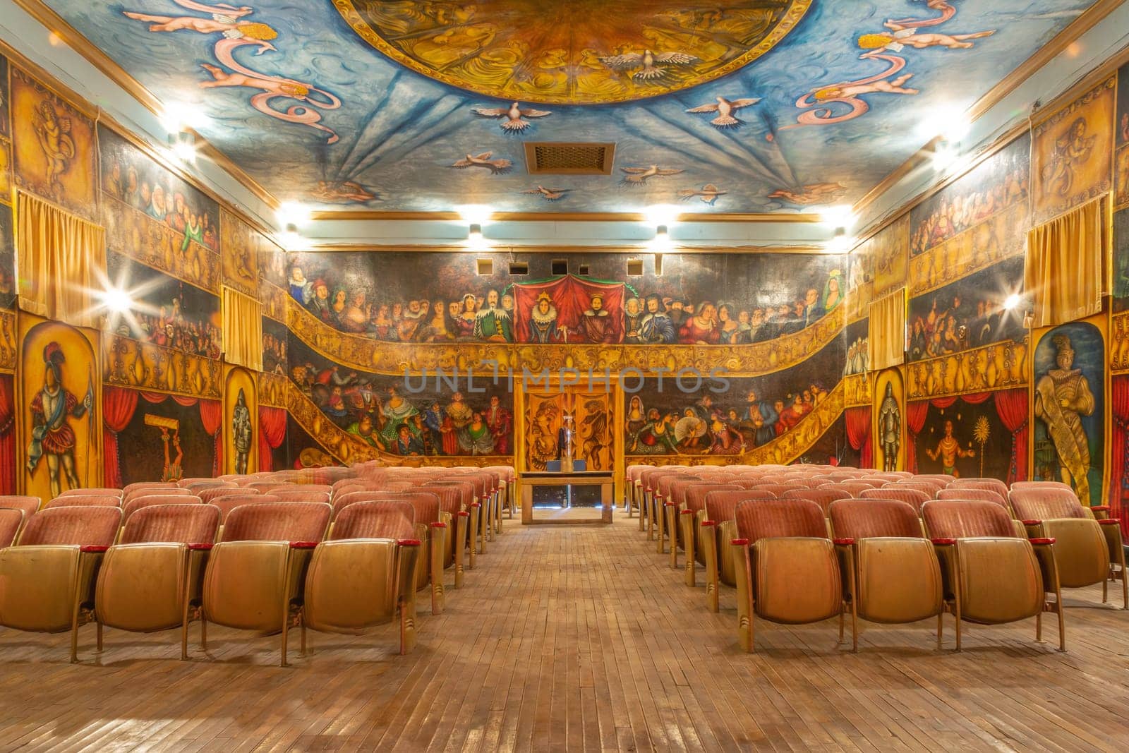 Death Valley Junction, USA - July 19, 2008: inside the beautiful Amargosa Opera House painted by actor Martha Becket over jears in Death Valley Junction, USA