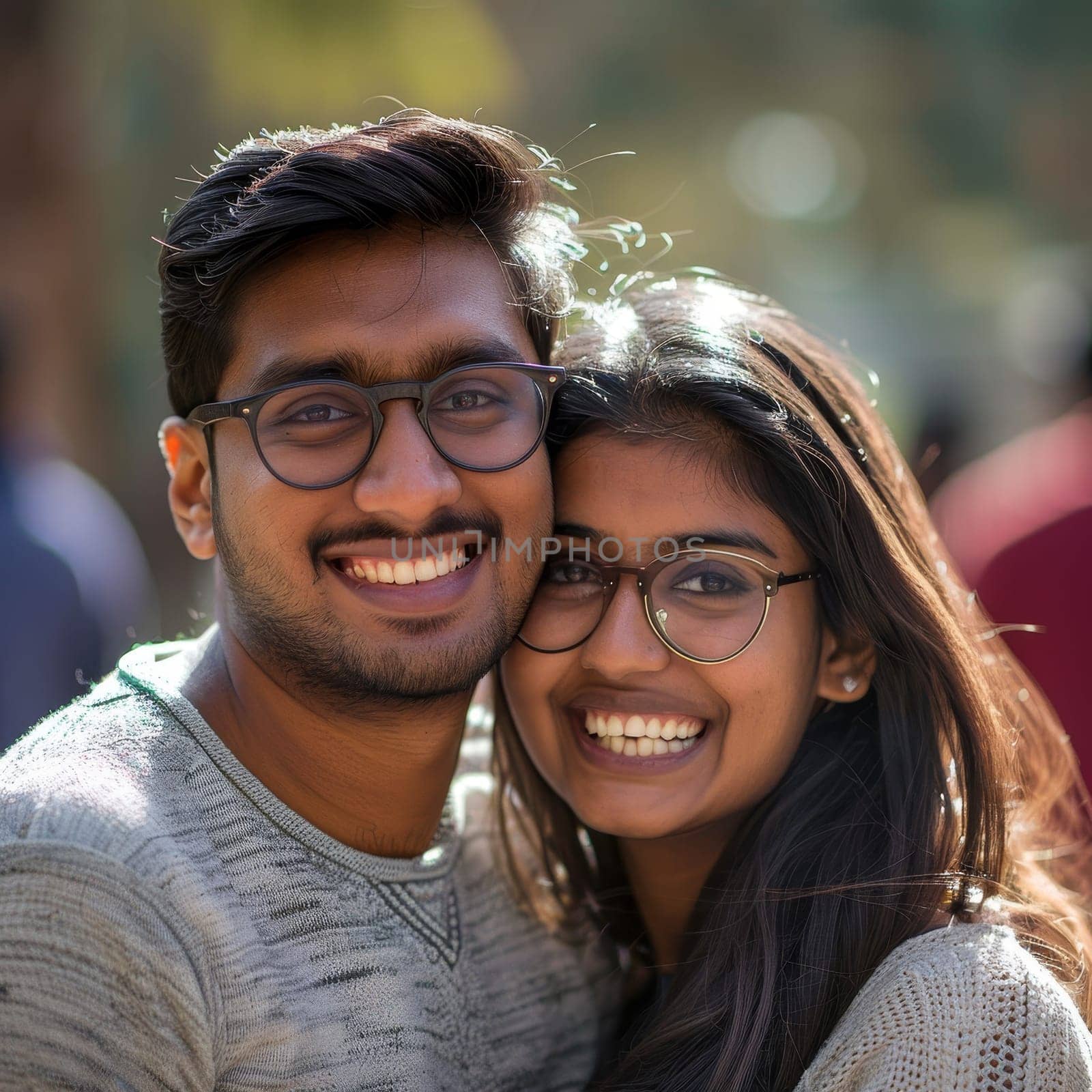 A cheerful Indian couple with stylish glasses shares a sunny moment, their contemporary outfits hinting at traditional Indian motifs