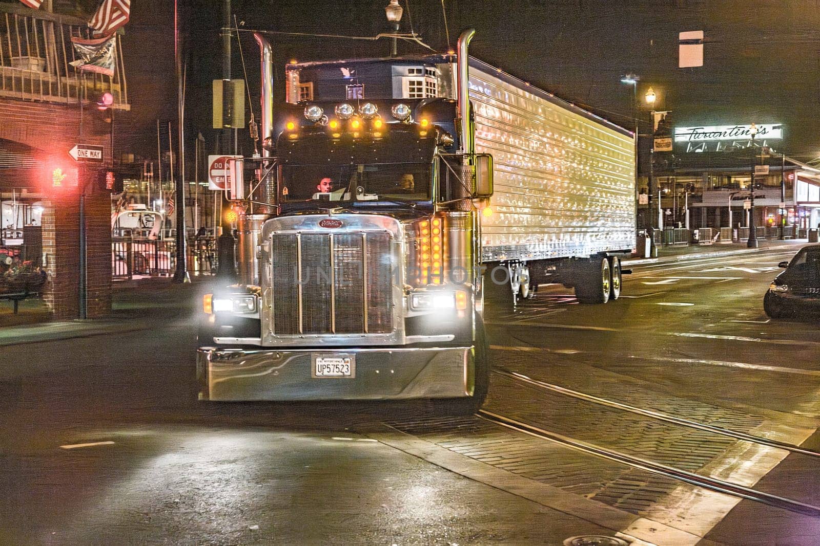 San Francisco, USA - July 22, 2008: big truck at fishermens wharf in San Francisco in the evening with yellow light reflections.