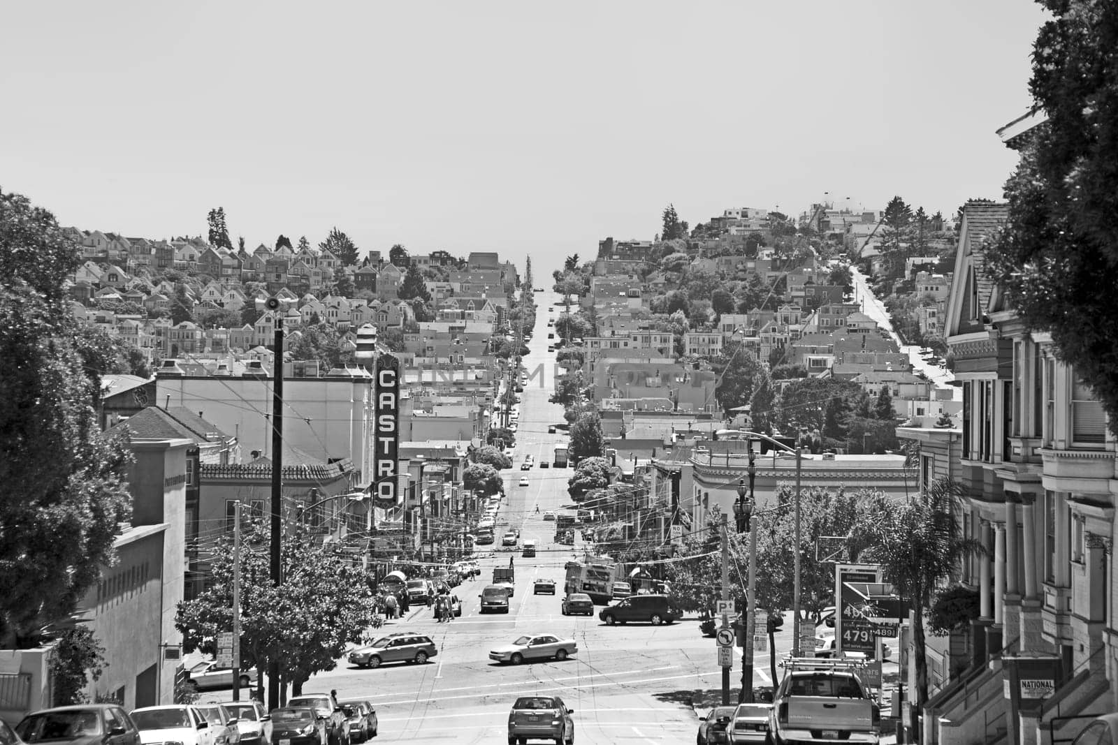 San Francisco, USA - July 23, 2008: view to area Castro in San Francisco with its street and houses along the main road.