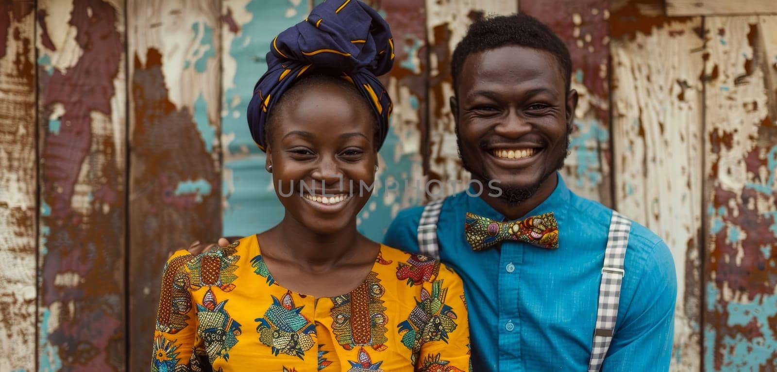 The Nigerian couple's playful energy shines against a rustic backdrop, complemented by their colorful traditional attire. Their coordinated looks speak of a stylish and joyful union