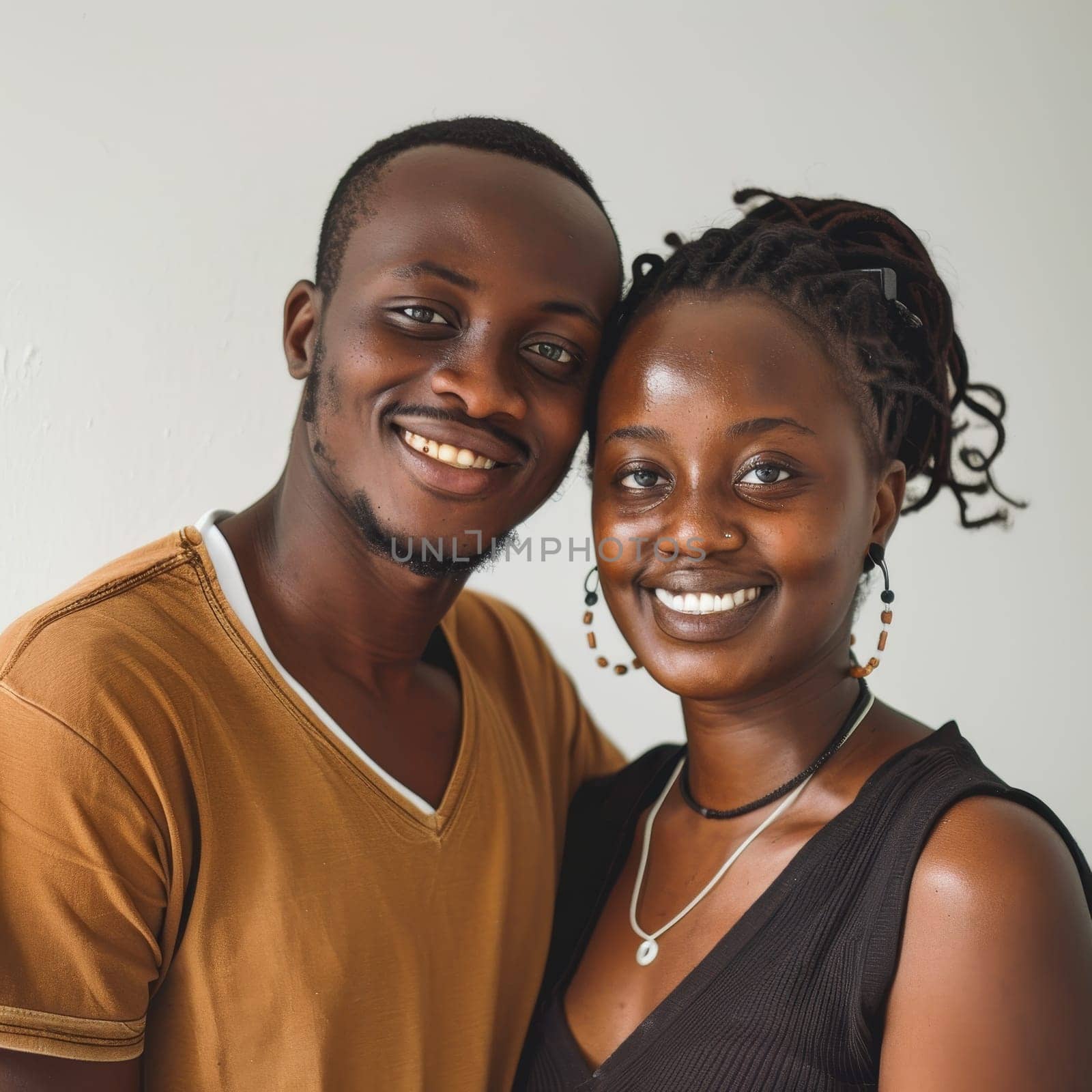 A Nigerian couple enjoys a close moment, their casual yet elegant attire adding to the intimacy of the scene. Their mutual affection is palpable in their contented smiles
