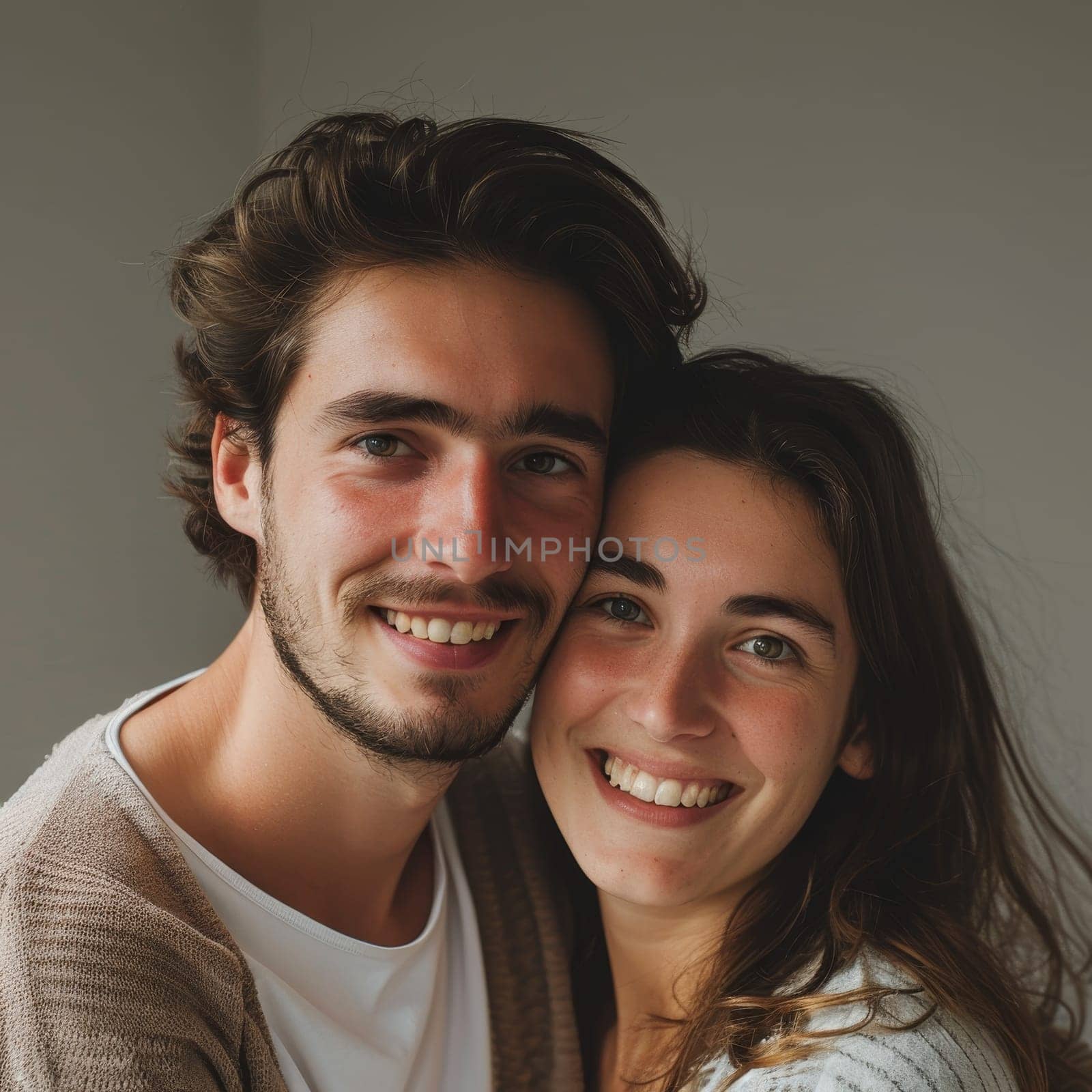 A casual yet fashionable French couple embraces in a soft-lit room, sharing a connection that's both relaxed and intimate