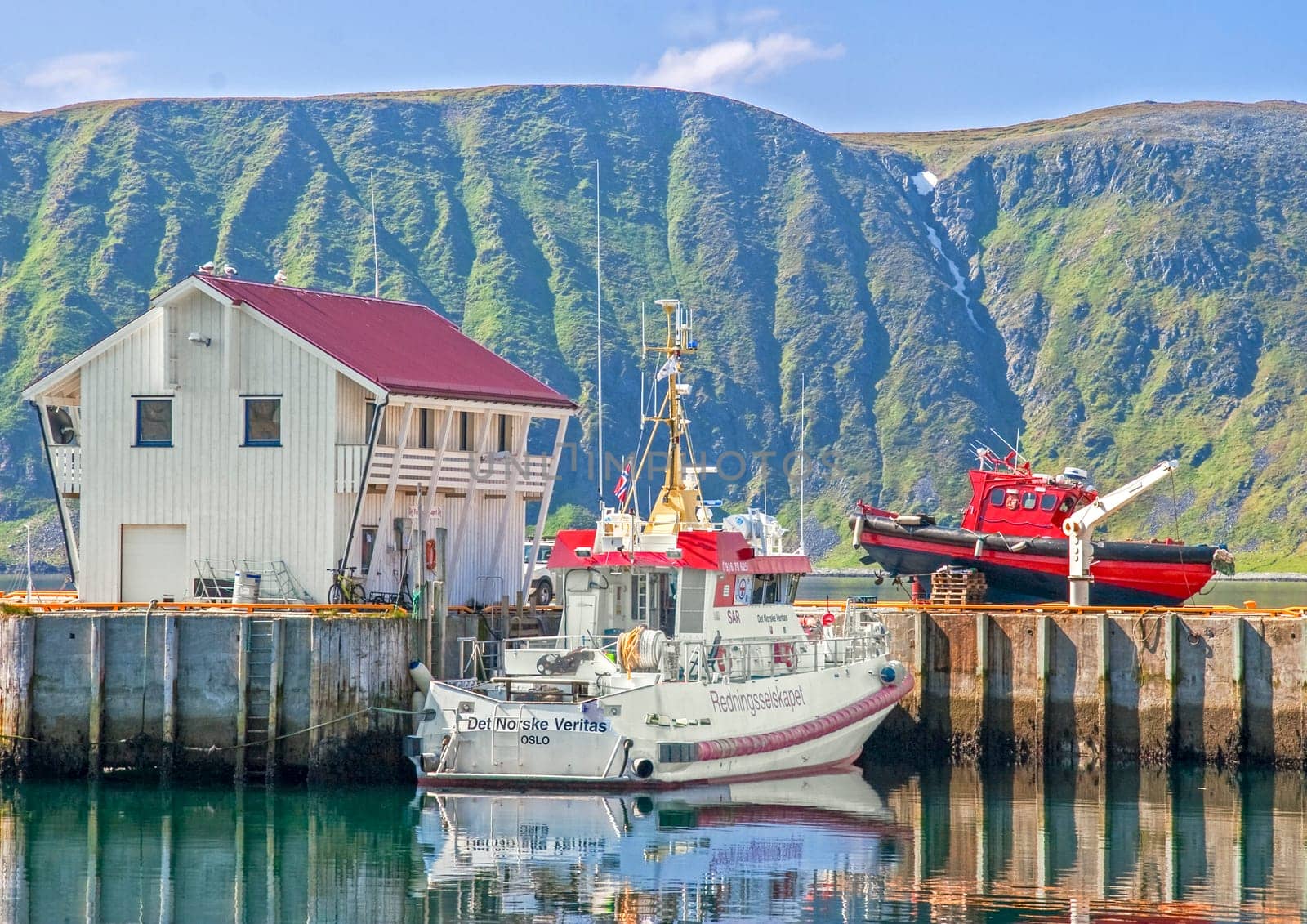 Hurtigrouten, Norway - July 9, 2009: Search and Rescue vessel det norske veritas, a Redningsselskapet in the harbor.