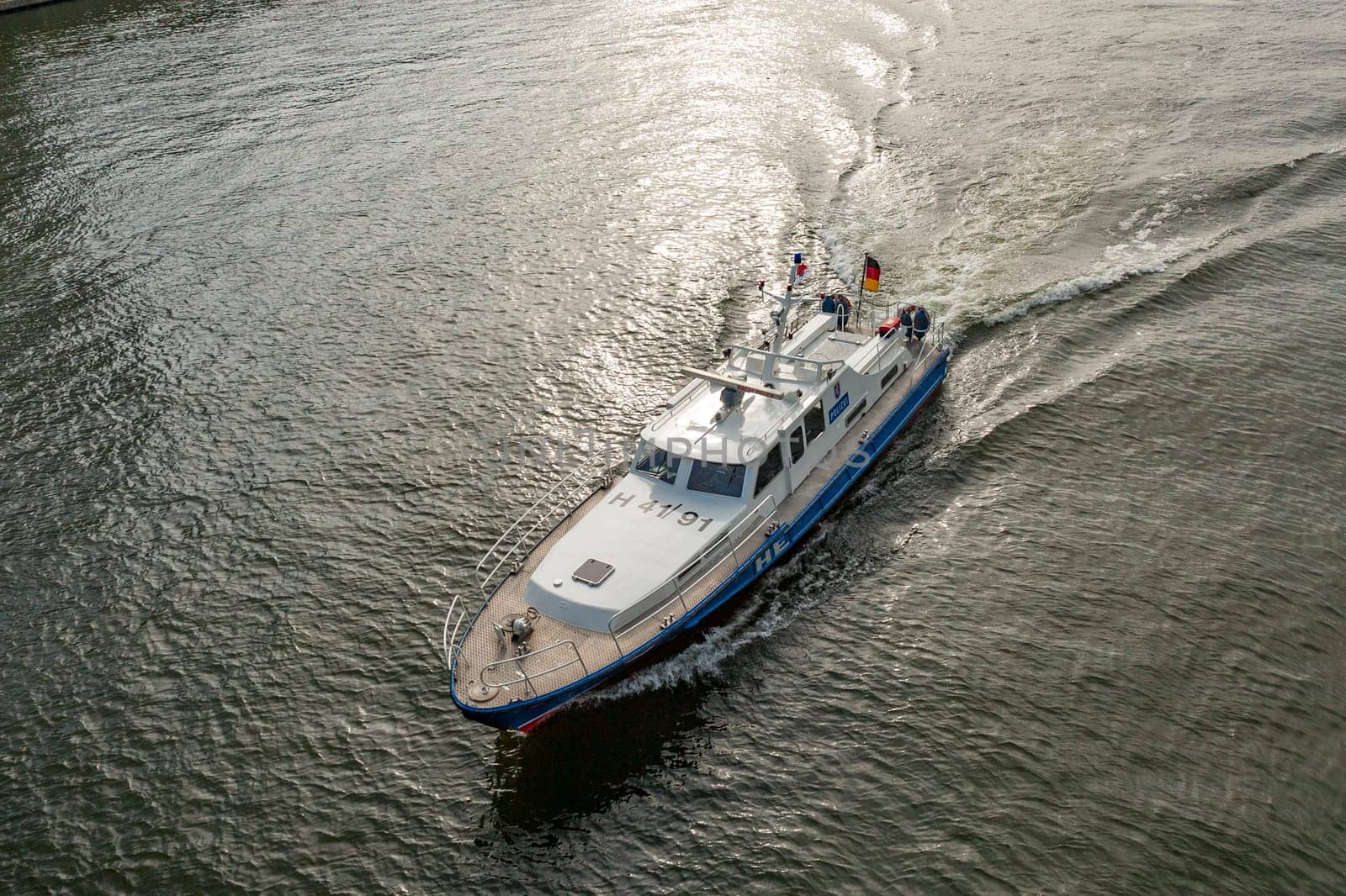 Frankfurt, Germany - October 21, 2009: police ship is controlling the area at river Main in Frankfurt.