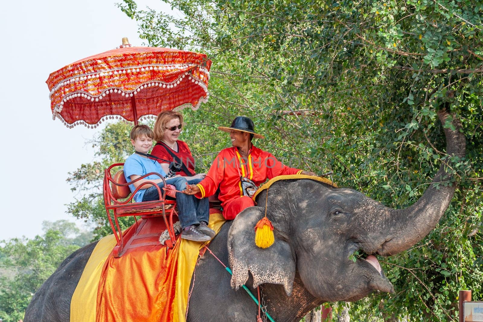 Ayutthaya, Thailand - December 24, 2009: tourists enjoy the elephant ride guided by a mahout in Ayutthaya.