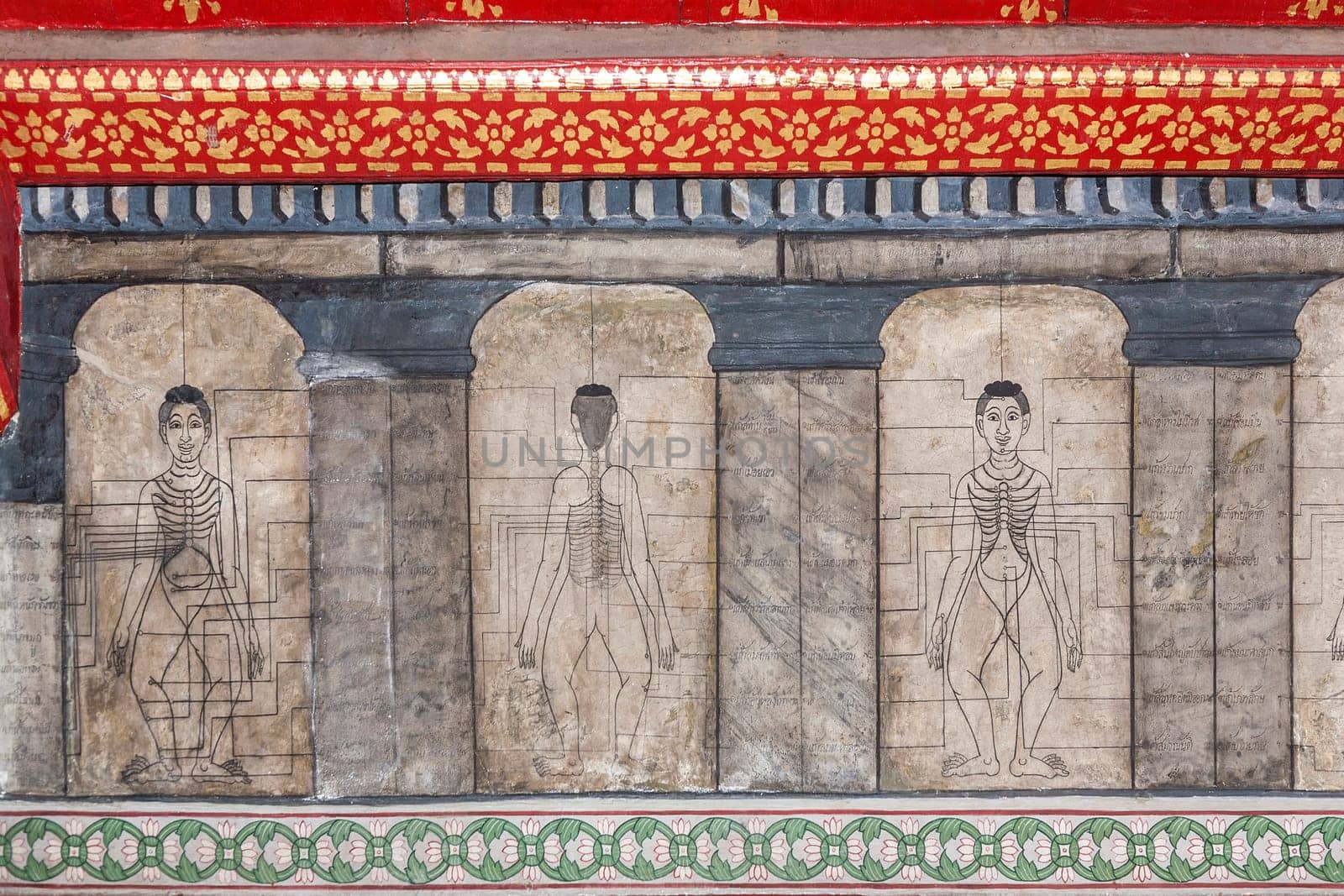 Bangkok, Thailand - January 4, 2010: paintings in temple Wat Pho teach acupuncture and fare east medicine in Bangkok.