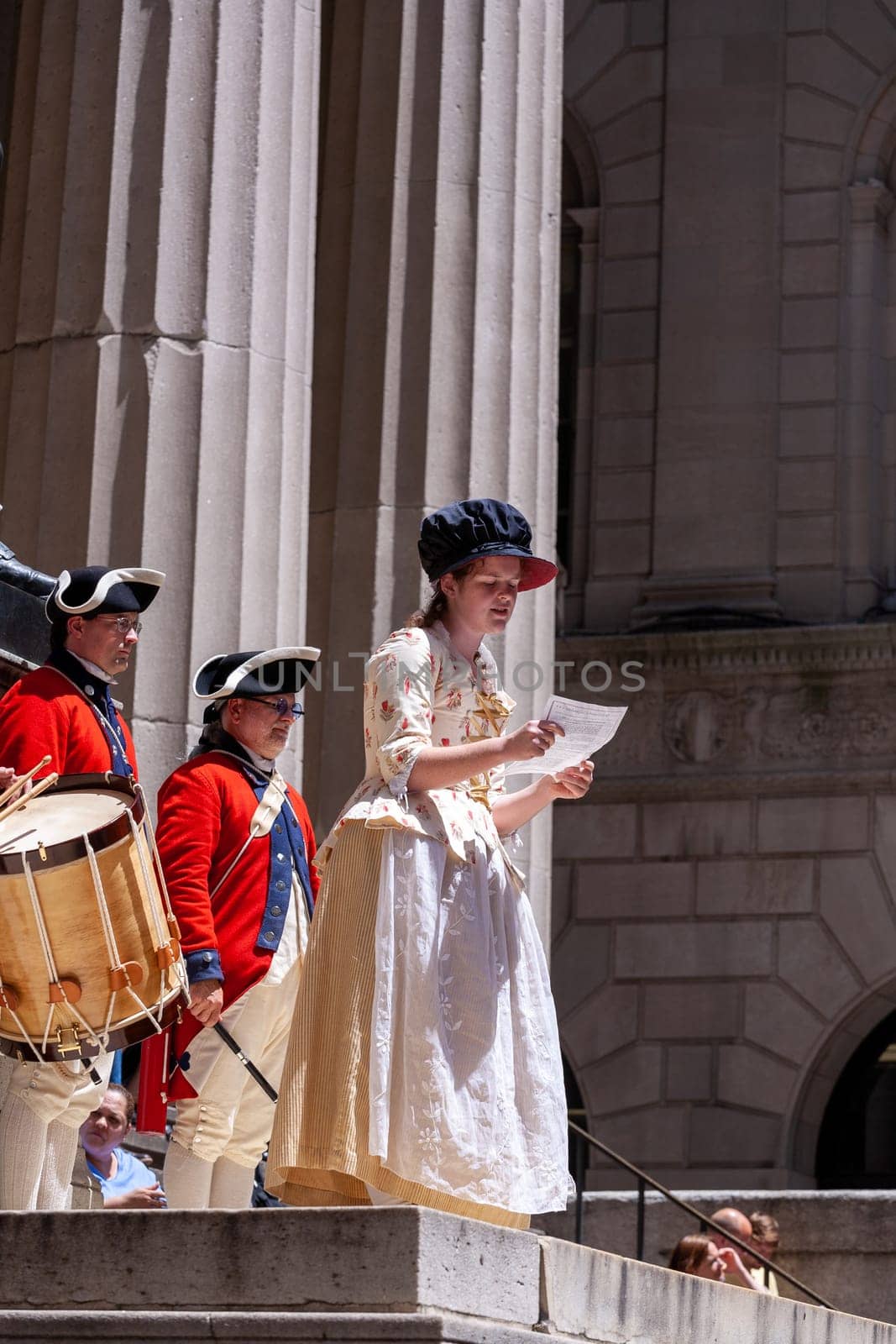 New York, USA - July 9, 2010: Ceremony for declaration of independence in old costumes takes place at the Washington statue in front of federal Hall National Memorial in New York, USA.