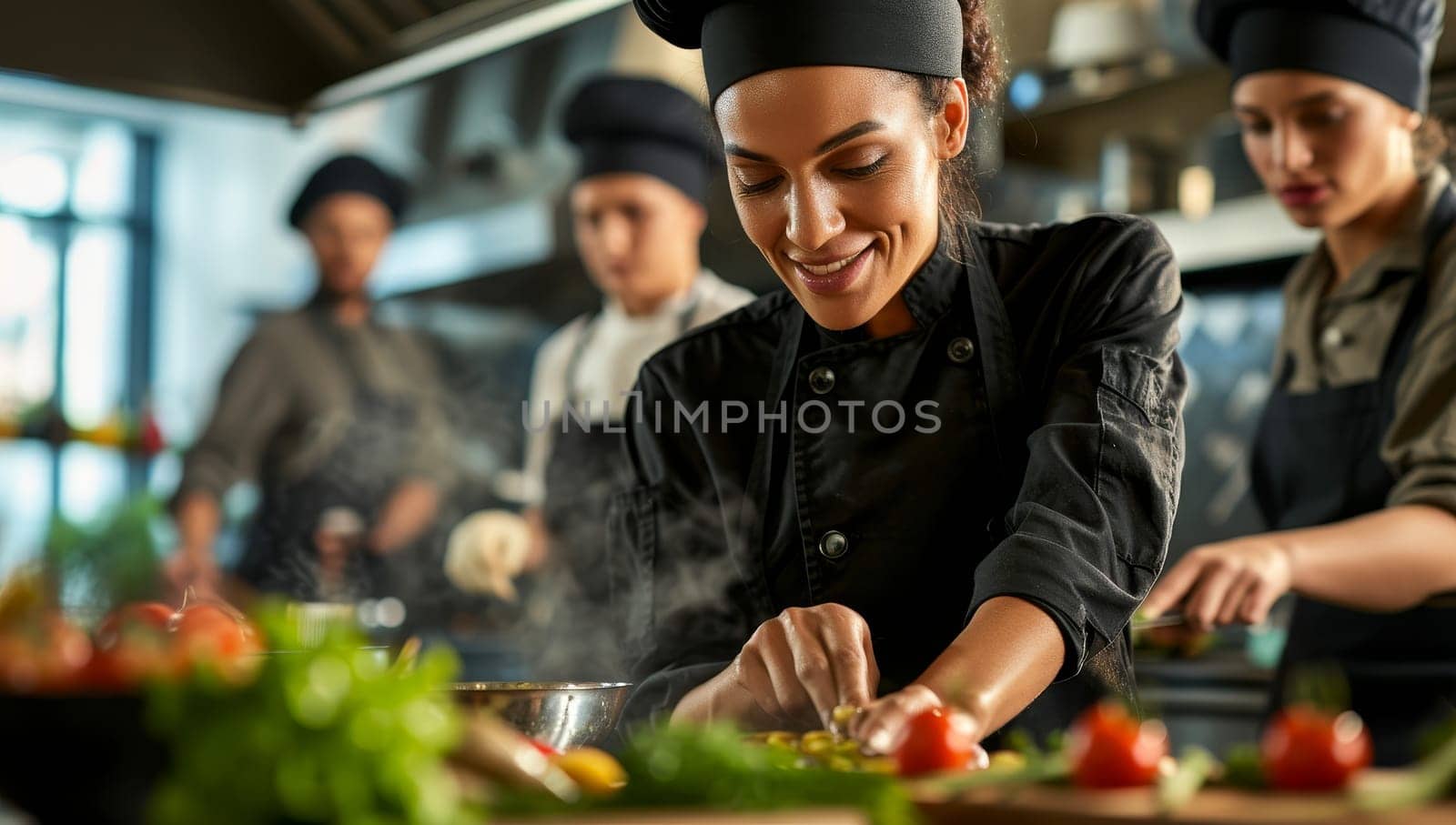 Professional female chef with team preparing food in busy kitchen