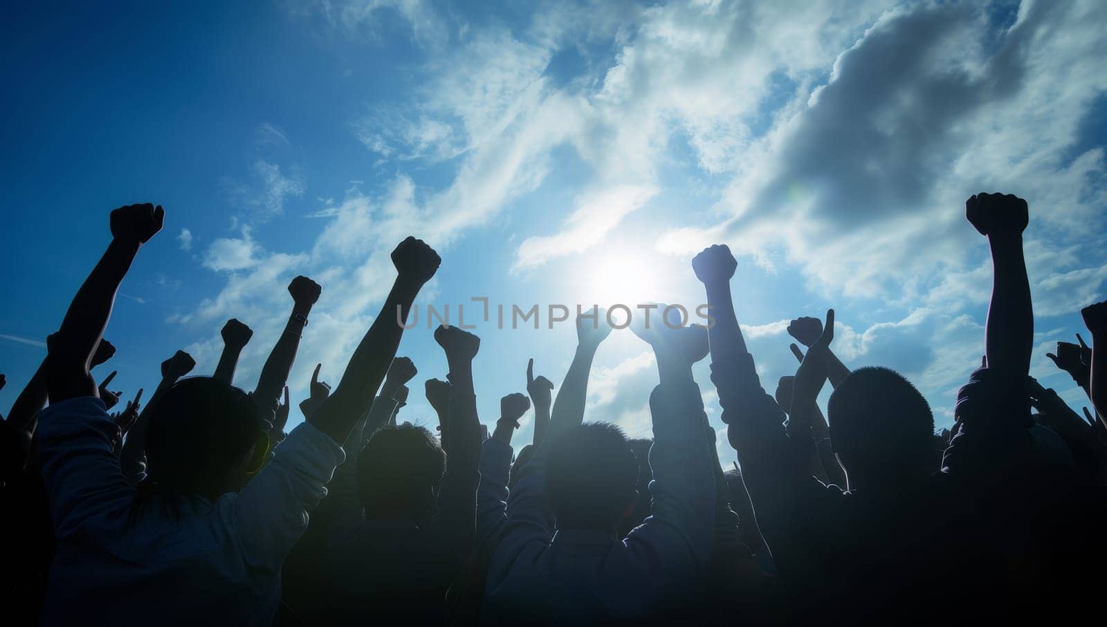 Silhouette of a group of people raising their hands in the air
