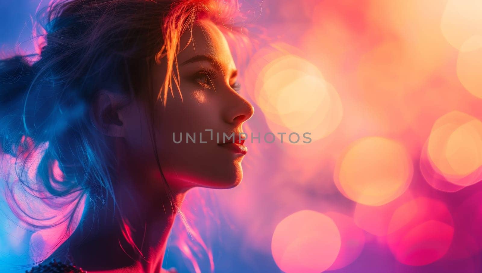 Silhouetted woman against vibrant bokeh lights