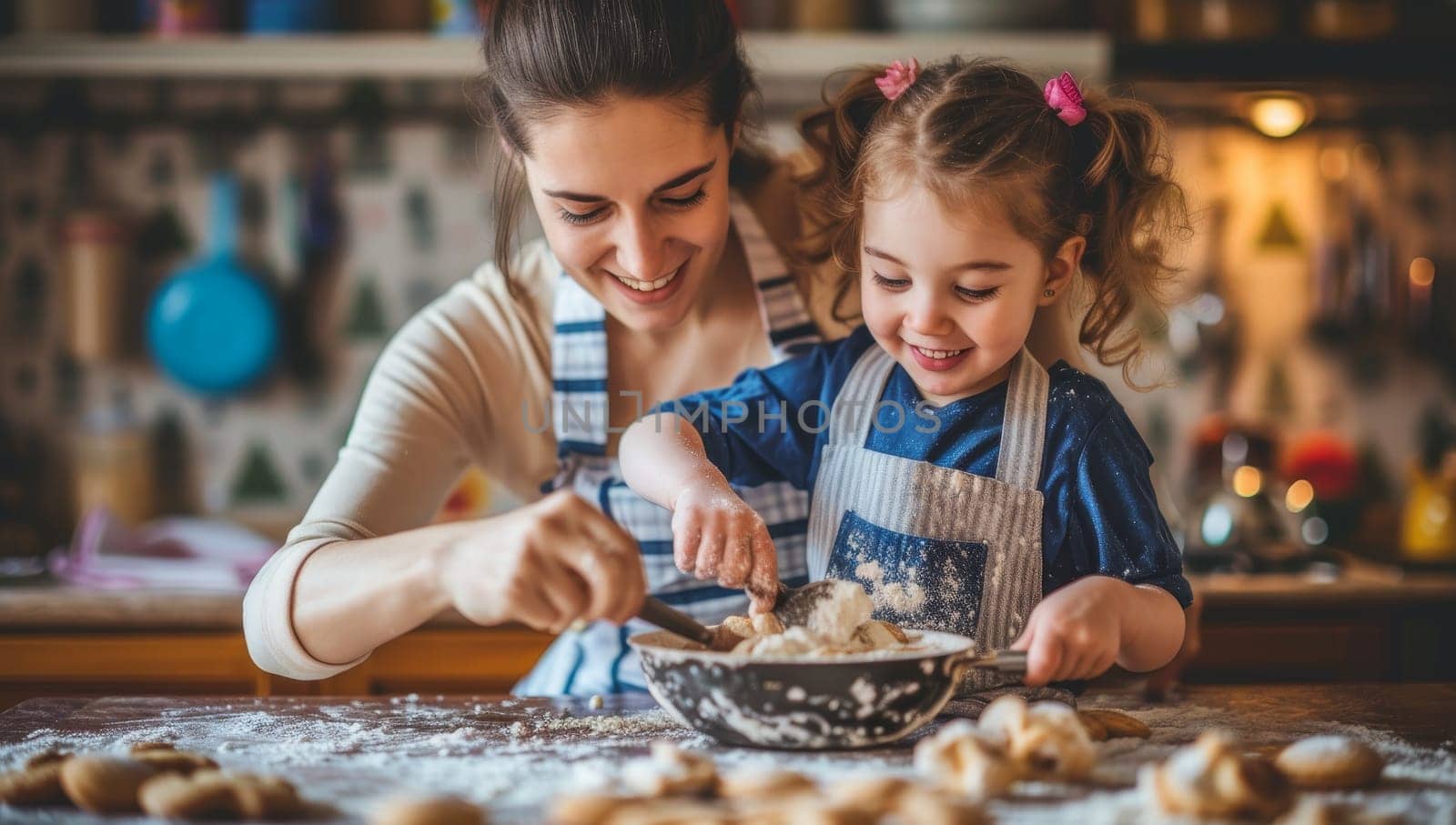 Mother and daughter enjoy baking cookies in a kitchen