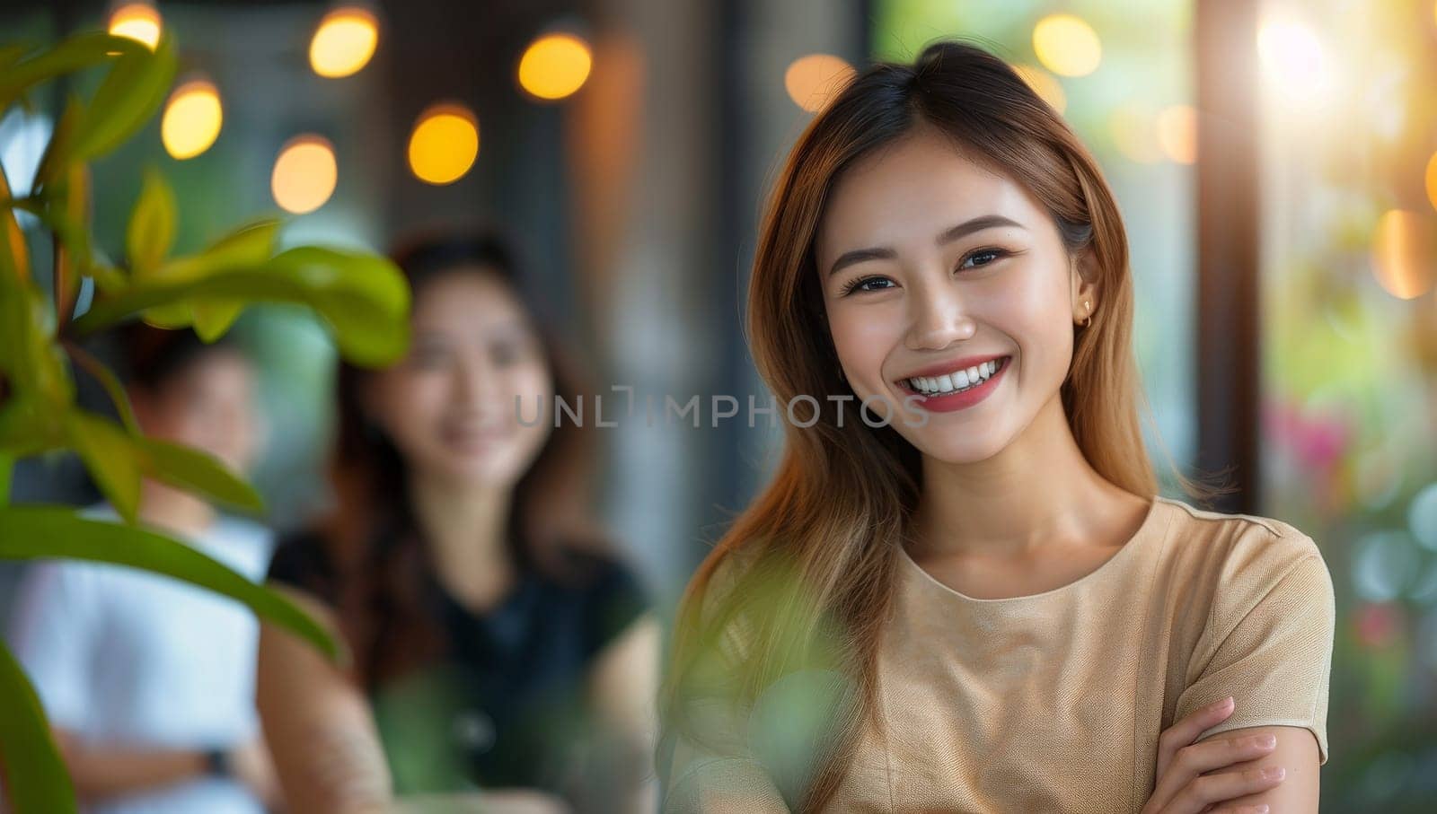 Asian woman enjoying her time in a cozy coffee shop