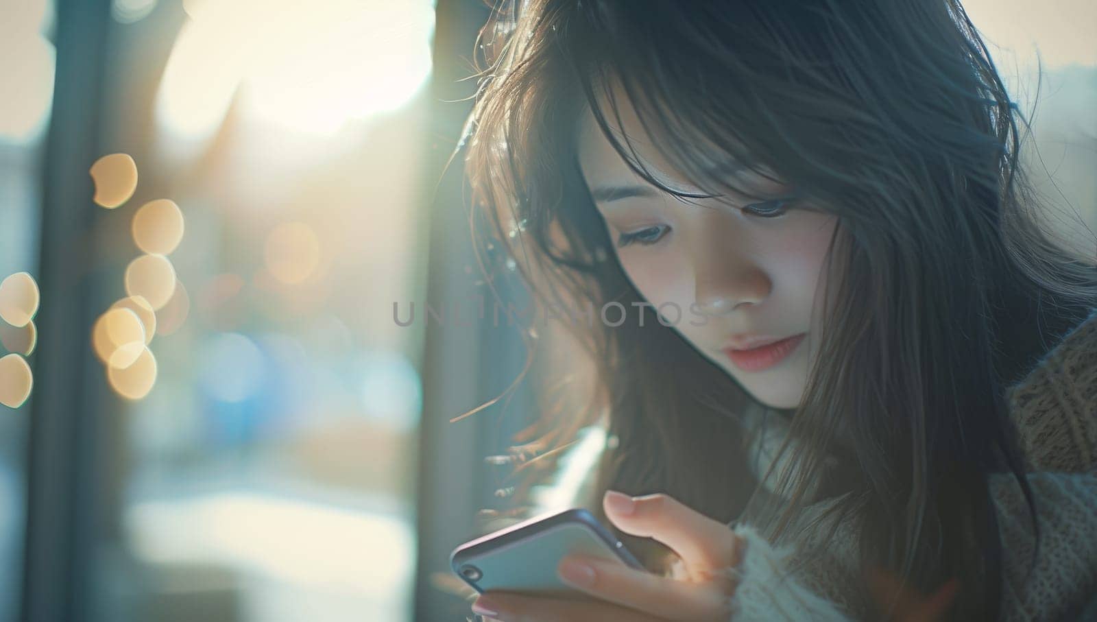 Young beautiful asian woman using smart phone in city street at sunset