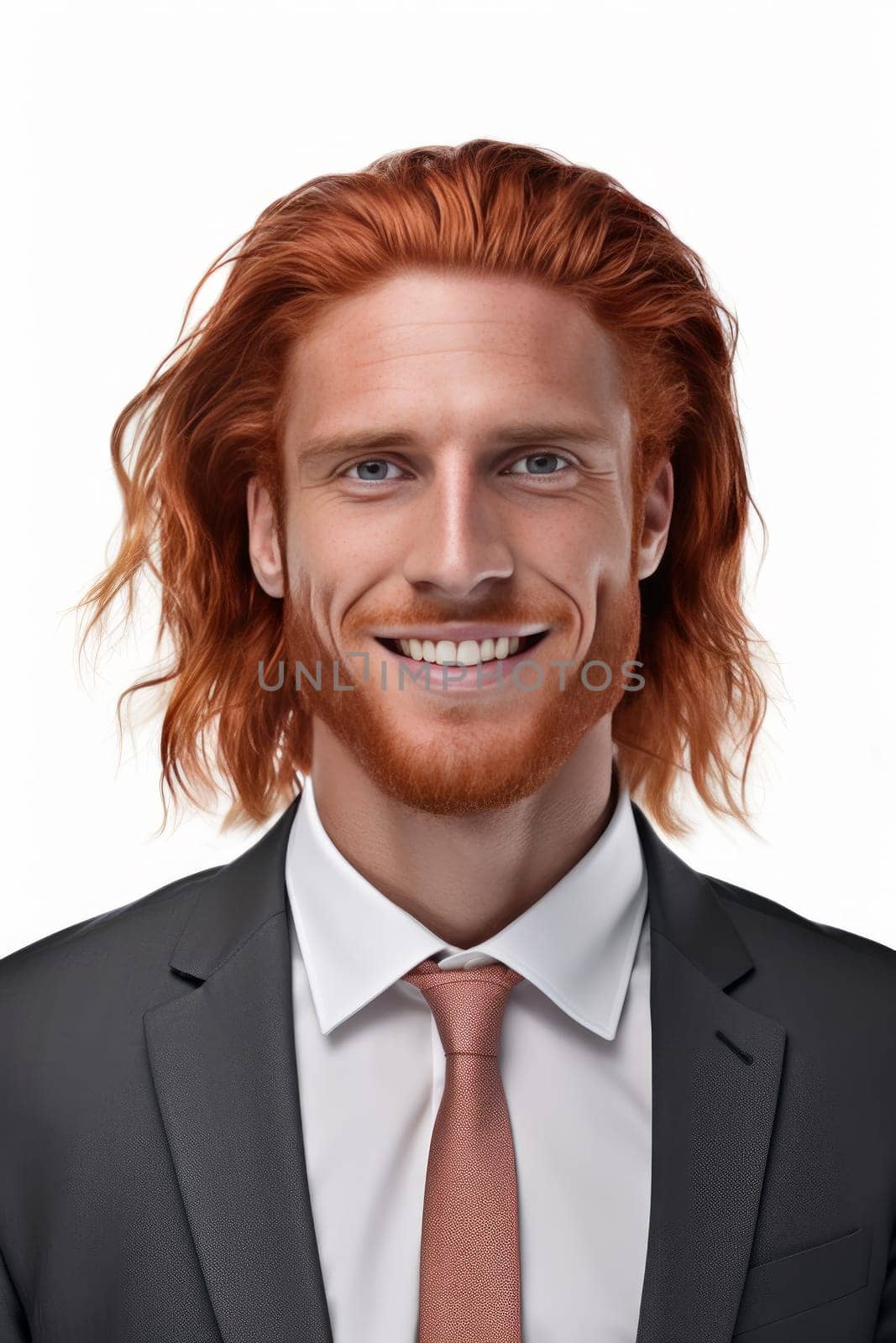 Man with long red hair and full beard isolated on white background. generative ai