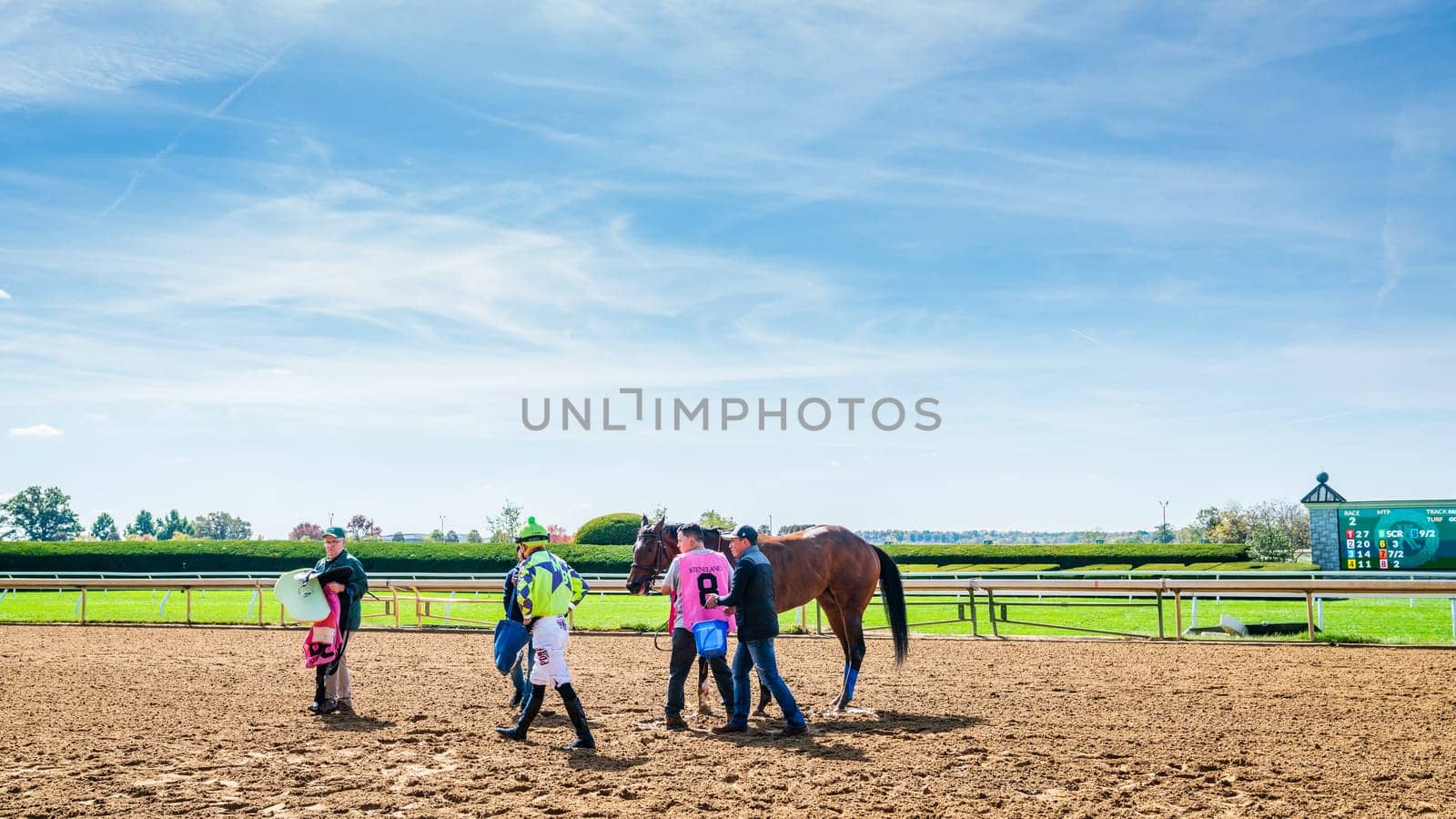 Keeneland, Lexington, Kentucky, October 18, 2023: Keenealand Fall Race Meet event, taking care of the horse Tee Burns that took second place in Race 2