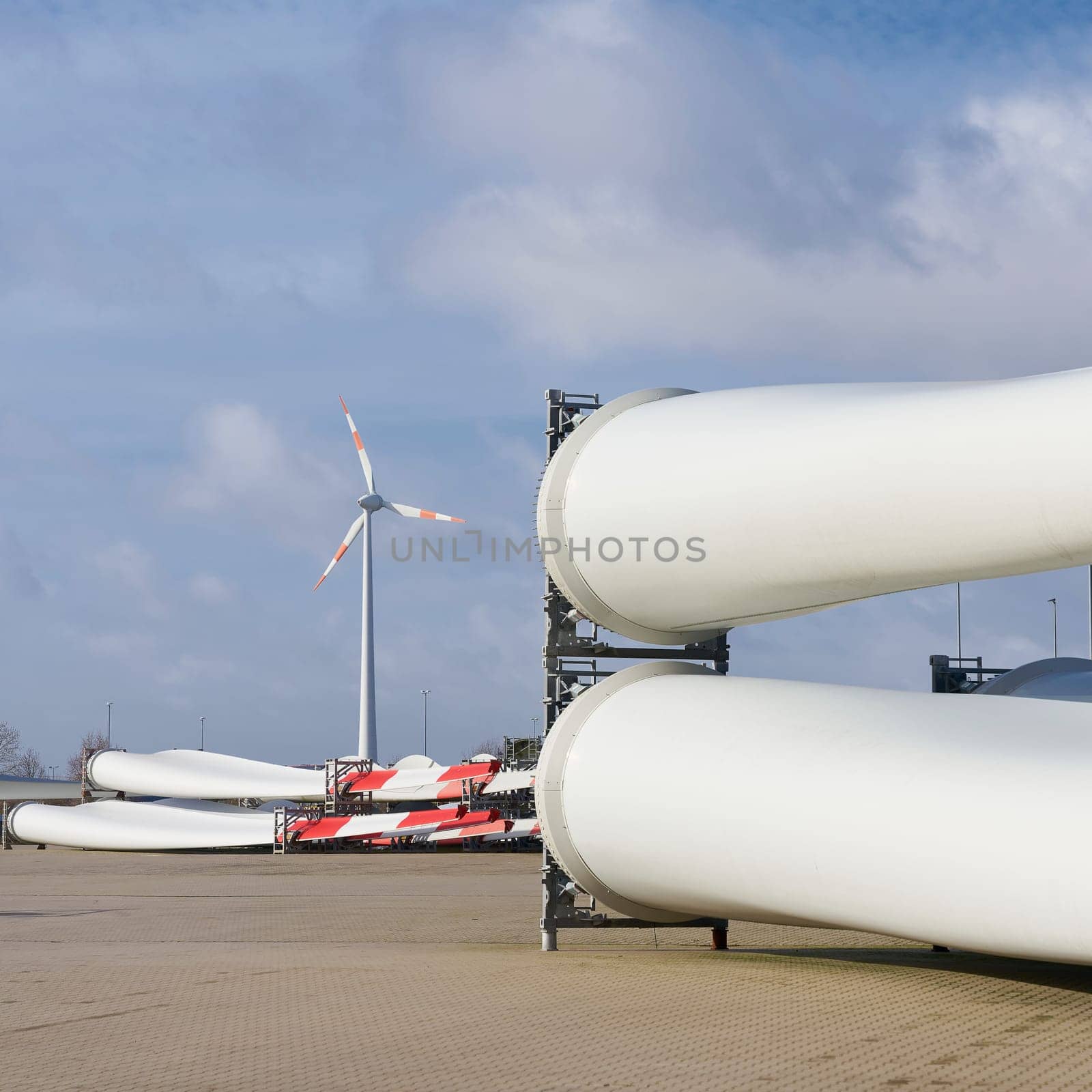 Storage area for wind turbine rotor blades in an industrial area in Magdeburg in Germany