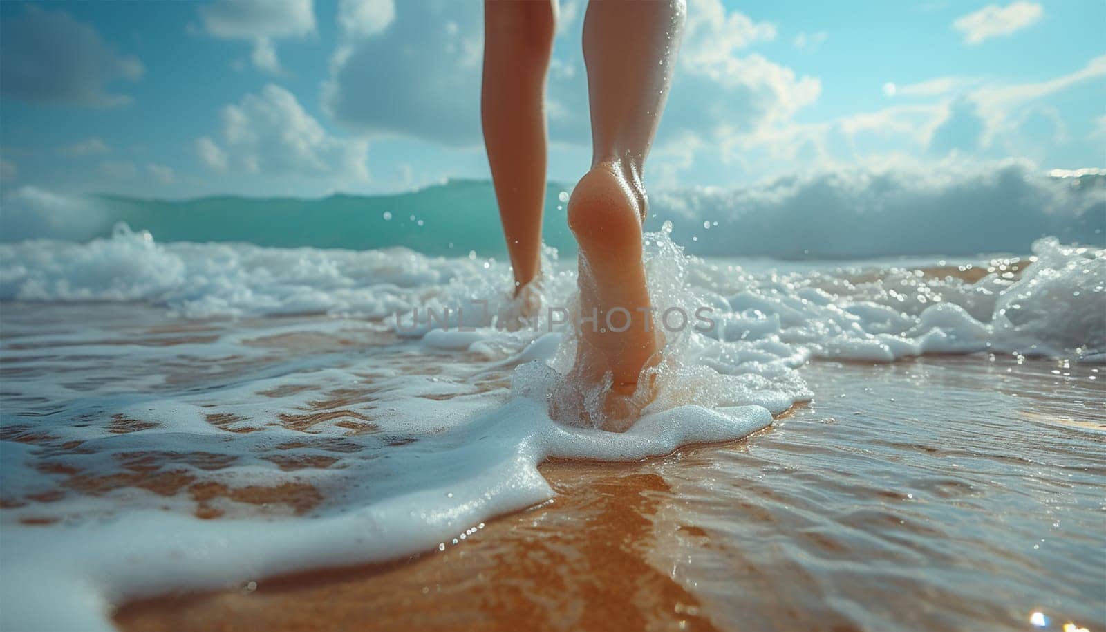 Beach travel. Woman walking on sand beach leaving footprints in the sand. Closeup detail of female feet and golden sand on beach on tropical island. Ocean waves and close up on feet, Holiday,travel and freedom copy space