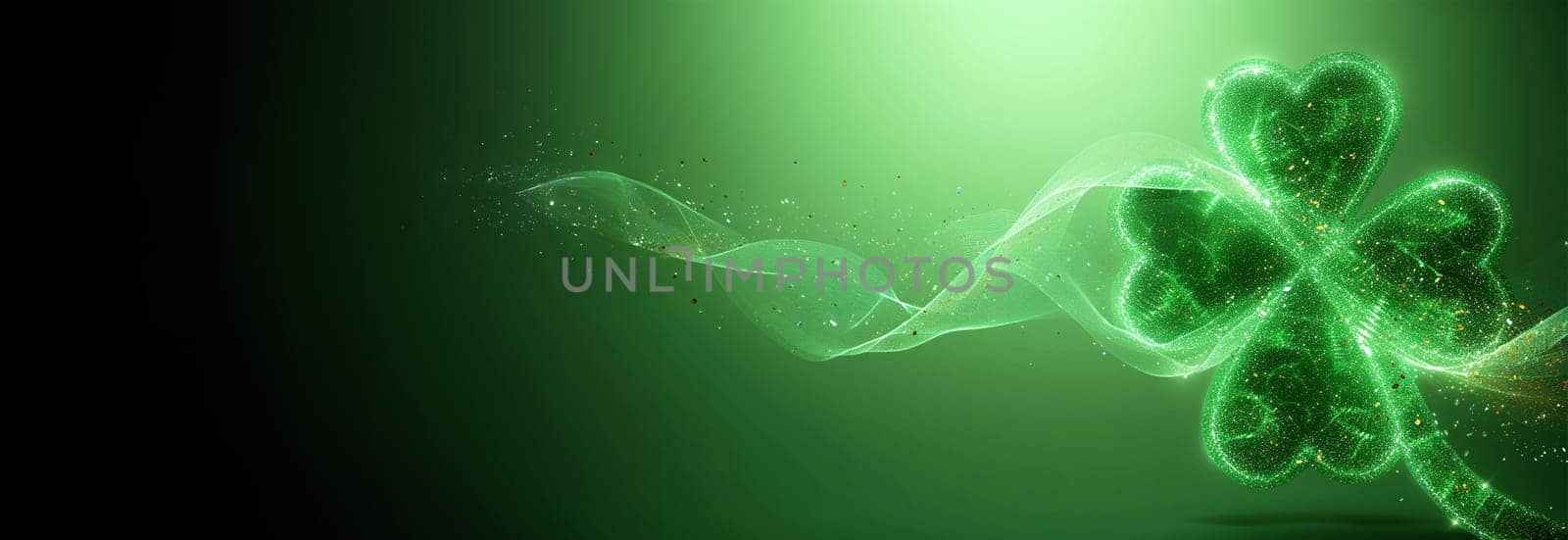 St Patrick's Day background effect. Four Clover leaf. Green particles appear and forming the shape of clover or shamrock. St. Patrick's day background. Irish tradition concept. Copy space Saint Patrick Day