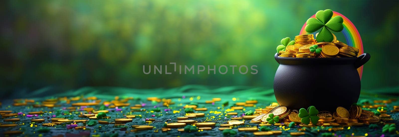 Saint Patrick s Day. Pot full of golden coins.Traditional Irish symbol of success and luck. Leprechaun s gold. Celebrative, festive 3D Render concept green background copy space