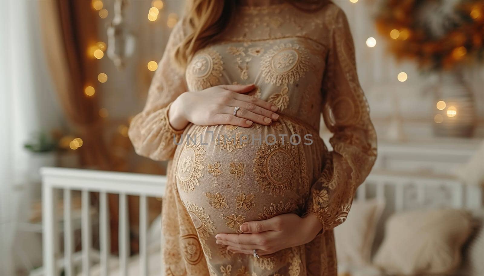 pregnant woman stands by a wicker cradle. Baby bassinet made of natural wooden materials. Eco parenting. Baby cot preparation for birth of a child. Stylish modern boho interior. Waiting for childbirth boho