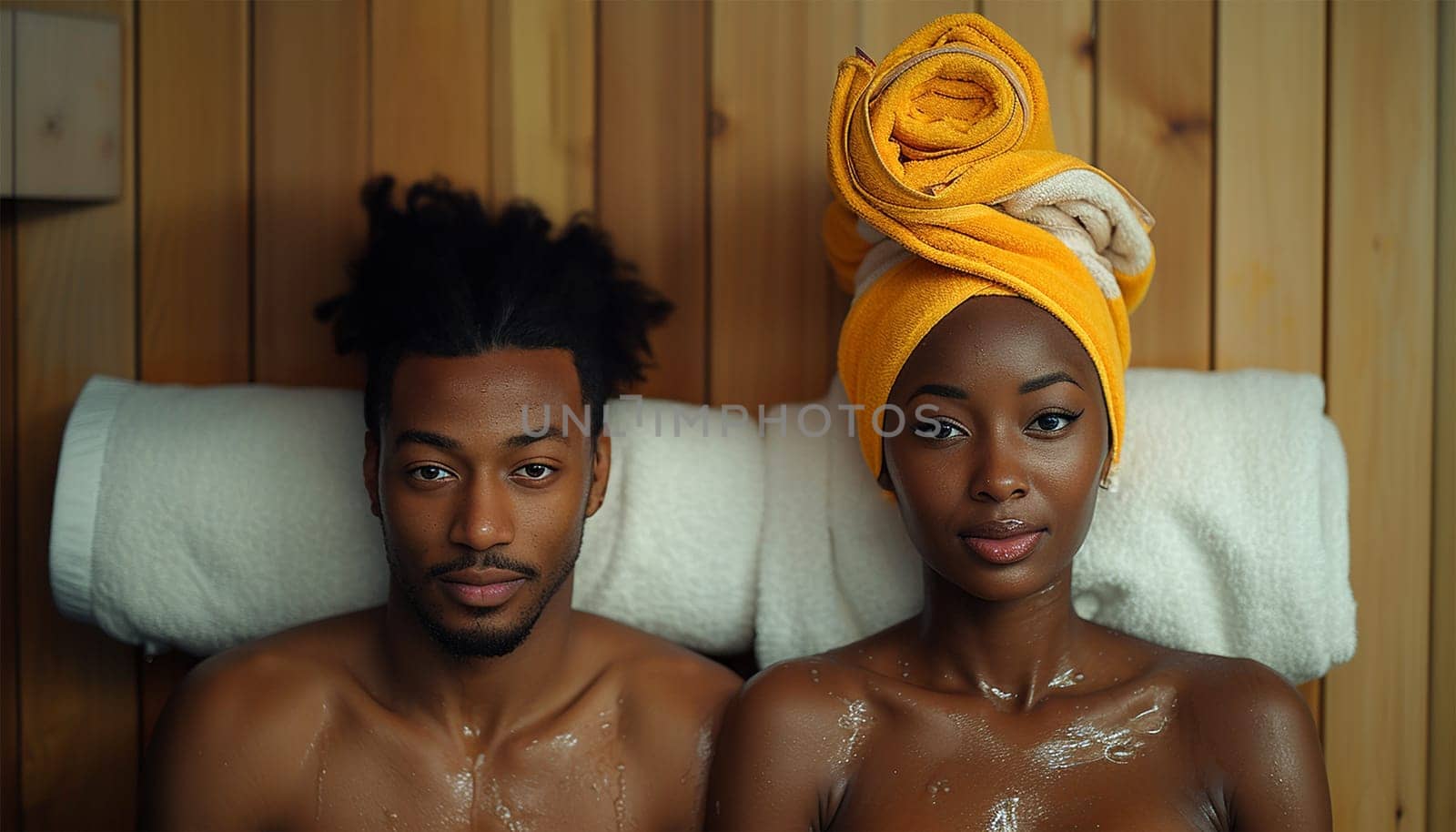 Young happy couple relaxing inside a sauna at spa resort hotel luxury - Romantic lovers having a bodycare day in steam bath man making a massage for his girlfriend Relax, love, lifestyle concept enjoy
