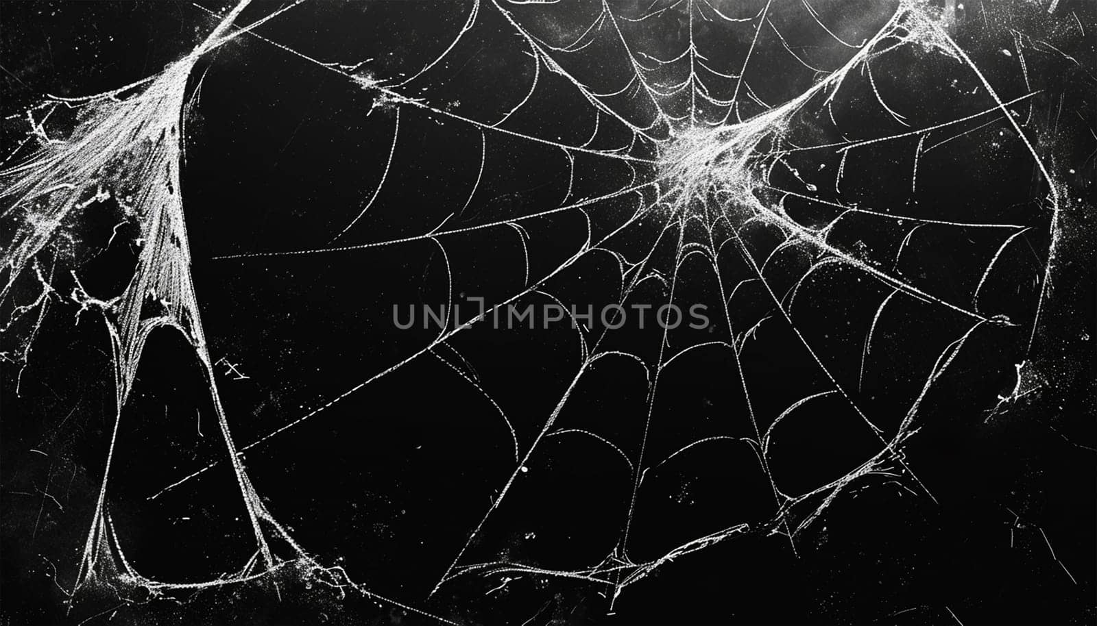 halloween, decoration and horror concept ecoration of artificial spider web over black background. Cobweb background scary halloween design Copy space