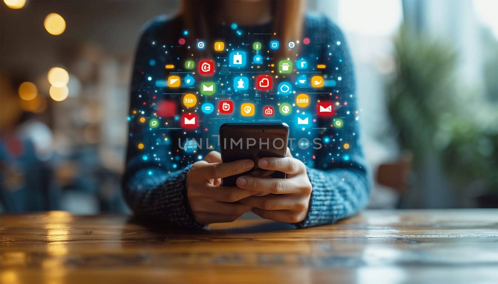 Hand of person holding mobile smartphone with icons concept. Mail,phone,email icon. cutomer support concept, copy space. Technology business design communication