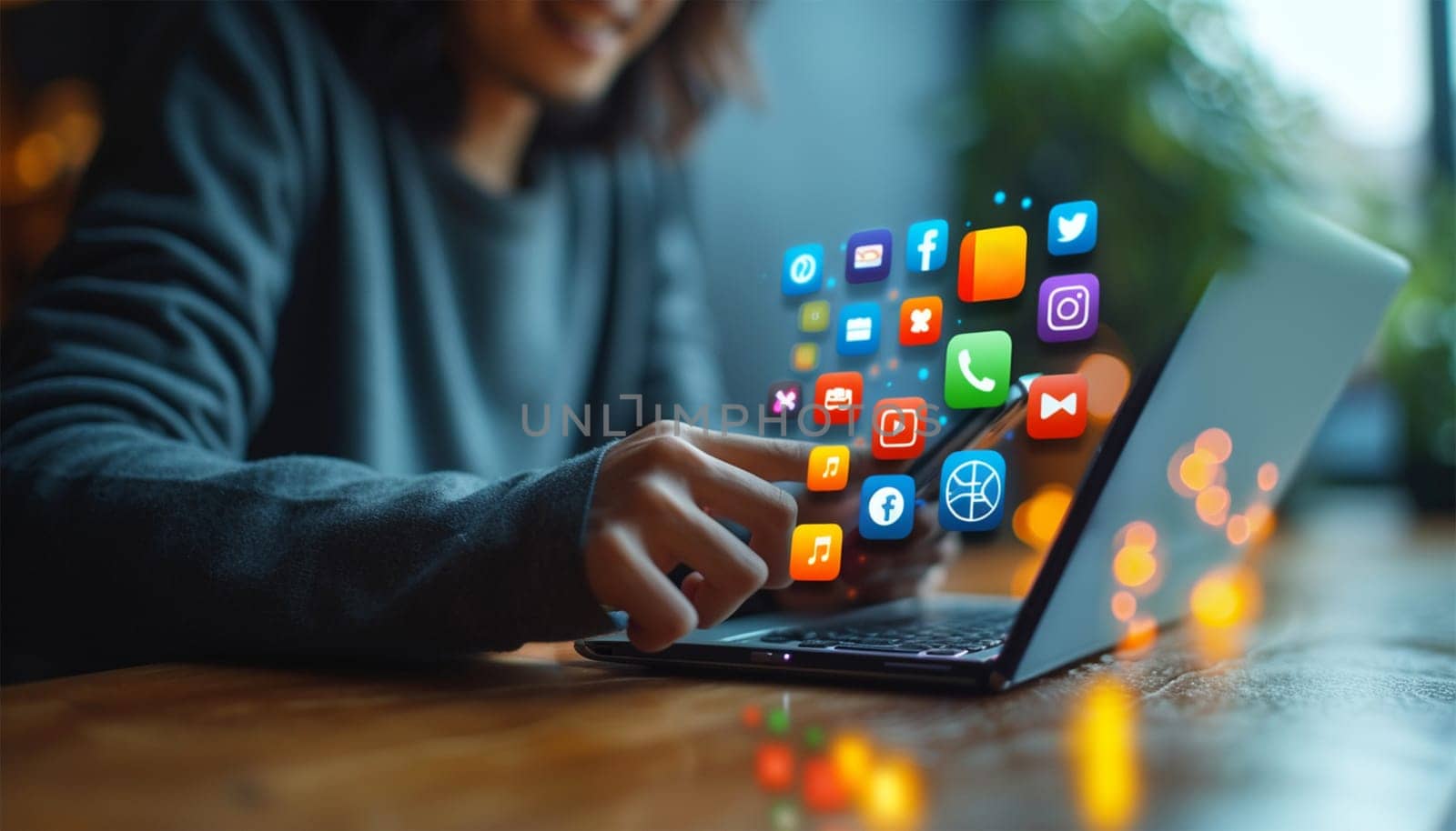 Hand of person holding mobile smartphone with icons concept. Mail,phone,email icon. cutomer support concept, copy space. Technology business design communication