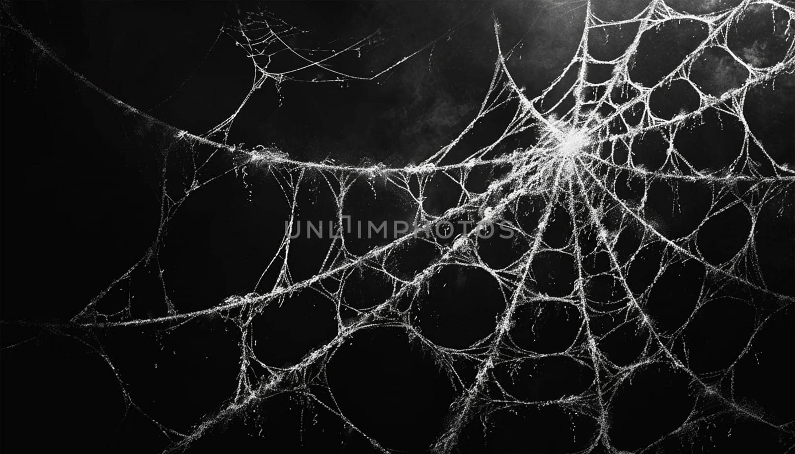 halloween, decoration and horror concept ecoration of artificial spider web over black background. Cobweb background scary halloween design Copy space