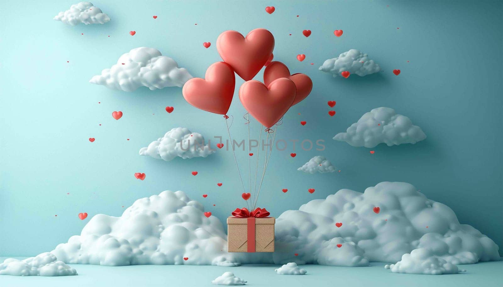 Valentine's day design. Realistic 3d pink gifts box in the clouds. Holiday banner, web poster, flyer, stylish brochure, greeting card, cover. Romantic background pastel background Copy space Happy Valentine's Day pastel