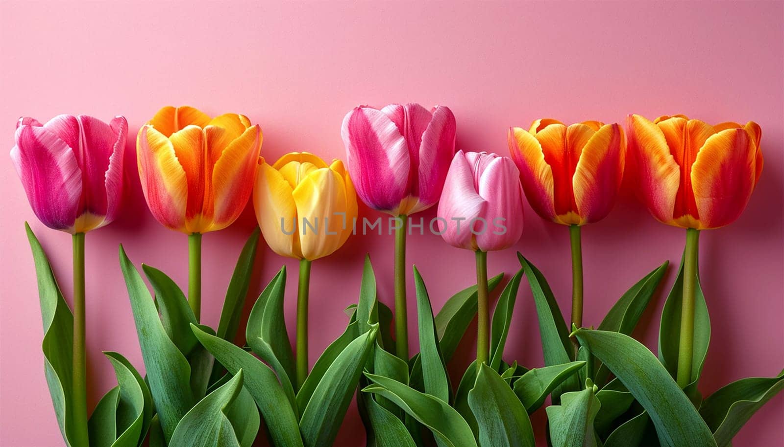 Pink and orange tulips on the pink background. Flat lay, top view. Valentines background. Horizontal, banner format Copy space. Spring design Space for text