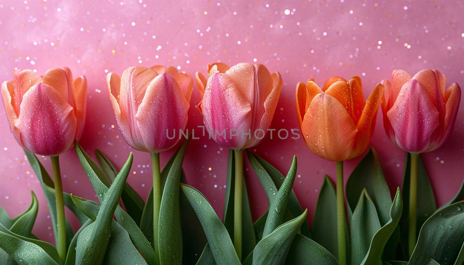 Pink and orange tulips on the pink background. Flat lay, top view. Valentines background. Horizontal, banner format Copy space. Spring design Space for text
