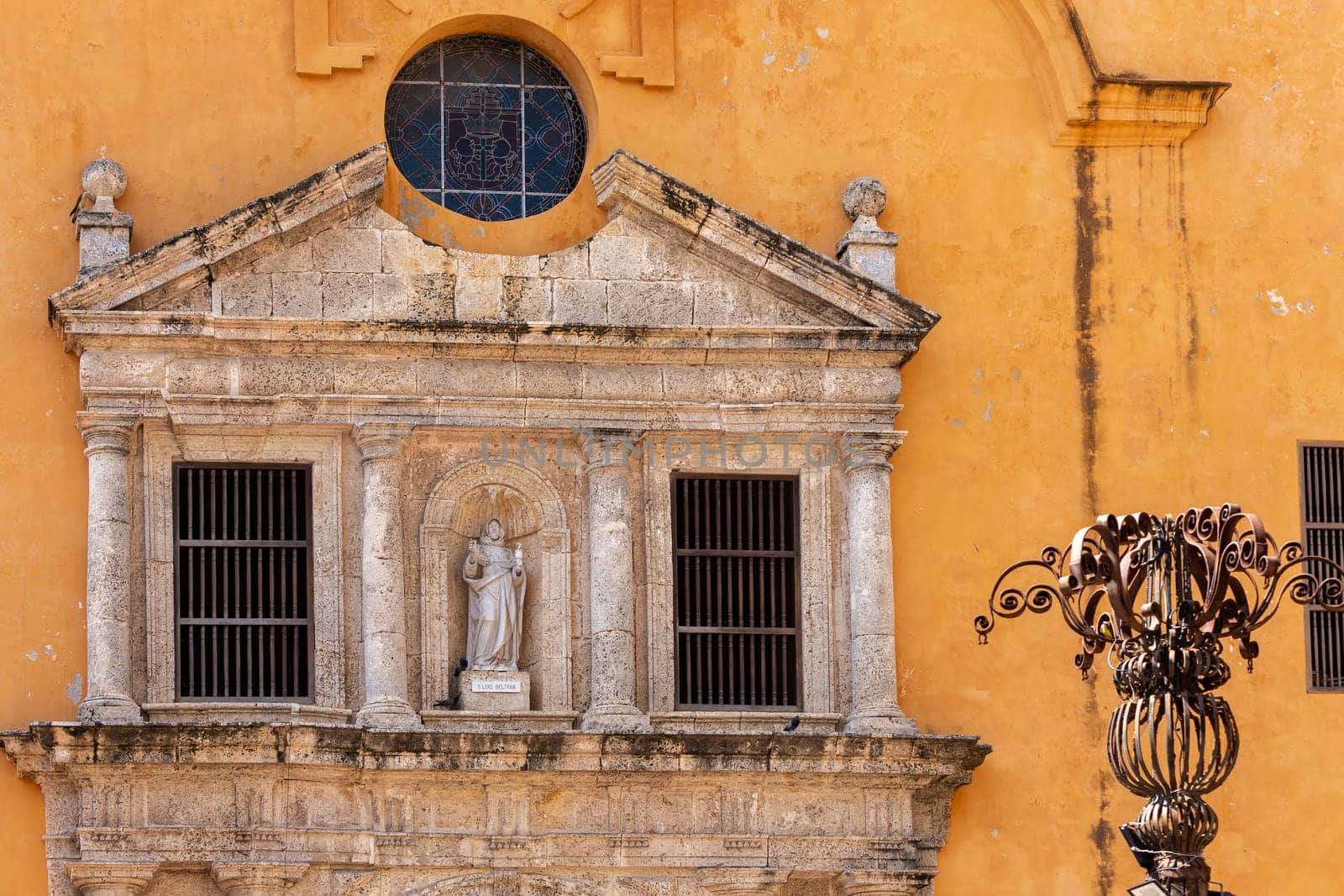 Church Iglesia de San Pedro Claver, colonial building in Cartagena de Indias, Colombia. Church is part of a set of religious buildings by Cloister of San Pedro Claver and archaeological museum.