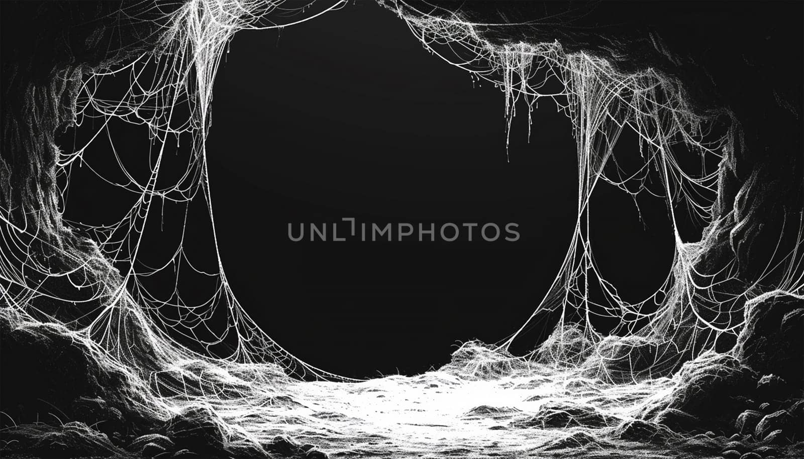 halloween, decoration and horror concept ecoration of artificial spider web over black background. Cobweb background scary halloween design Copy space